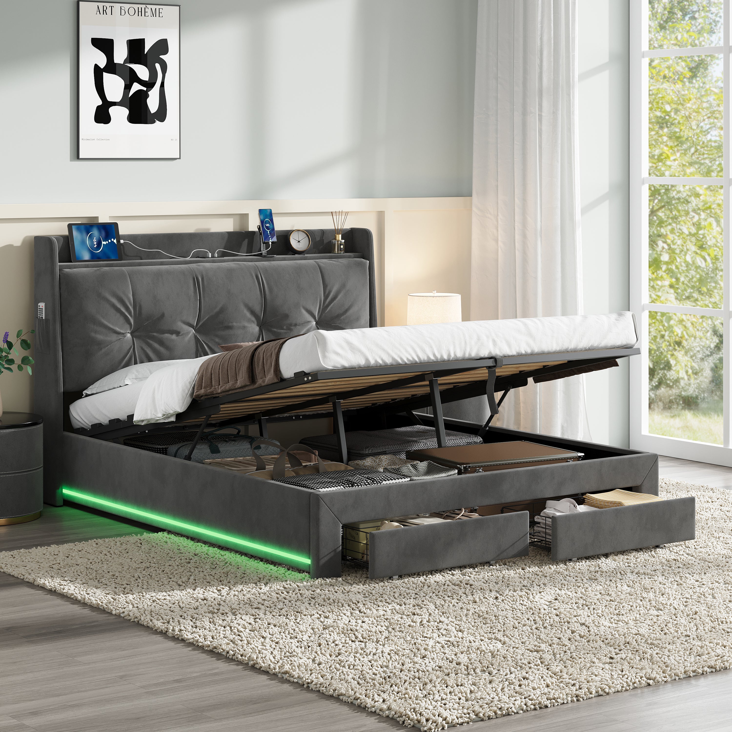 4ft6 Double Upholstered Bed Frame with Hydraulic and Drawers Storage, Back Cushion Headboard with Charging Station,  Velvet Ottoman Hydraulic Bed with RGB LED Lighting, Grey (No Mattress)