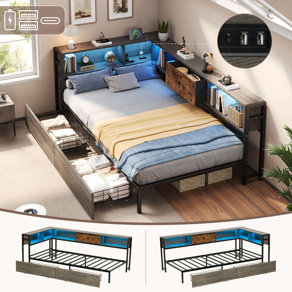 3ft Single Metal and Wood Bed with RGB LED Lights & Charging Station (USB & Type-C), Built-in Shelves and Bedside Storage, Two Storage Drawers, Two Assembly Methods, Grey, Rustic Brown (No Mattress)