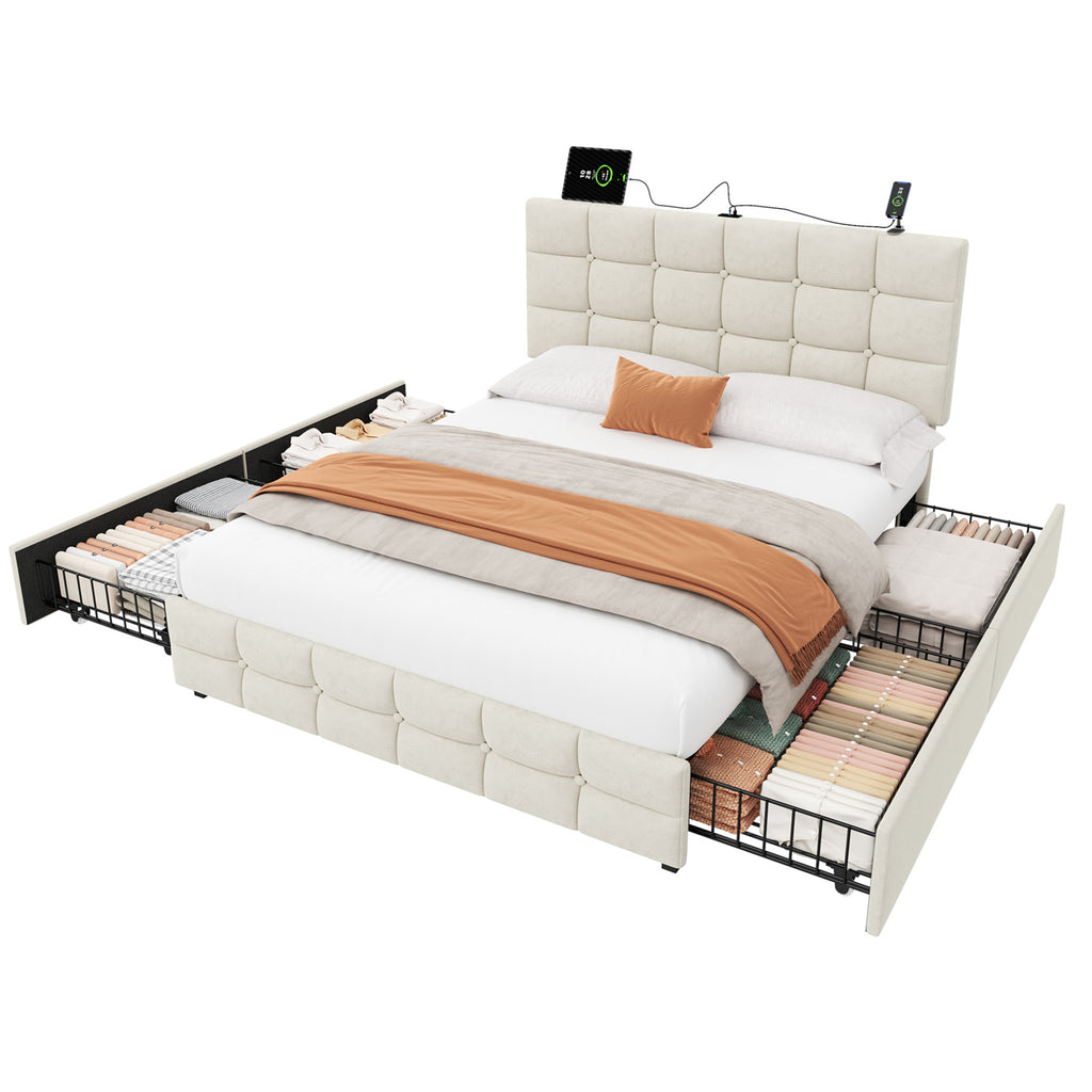 4ft6 Double Upholstered Bed with 4 Storage Drawers, Velvet Bed Frame with Charging Station. Adjustable Button Tufted Headboard with USB and Type - C Ports, No Box Spring Needed, Beige (No Mattress)