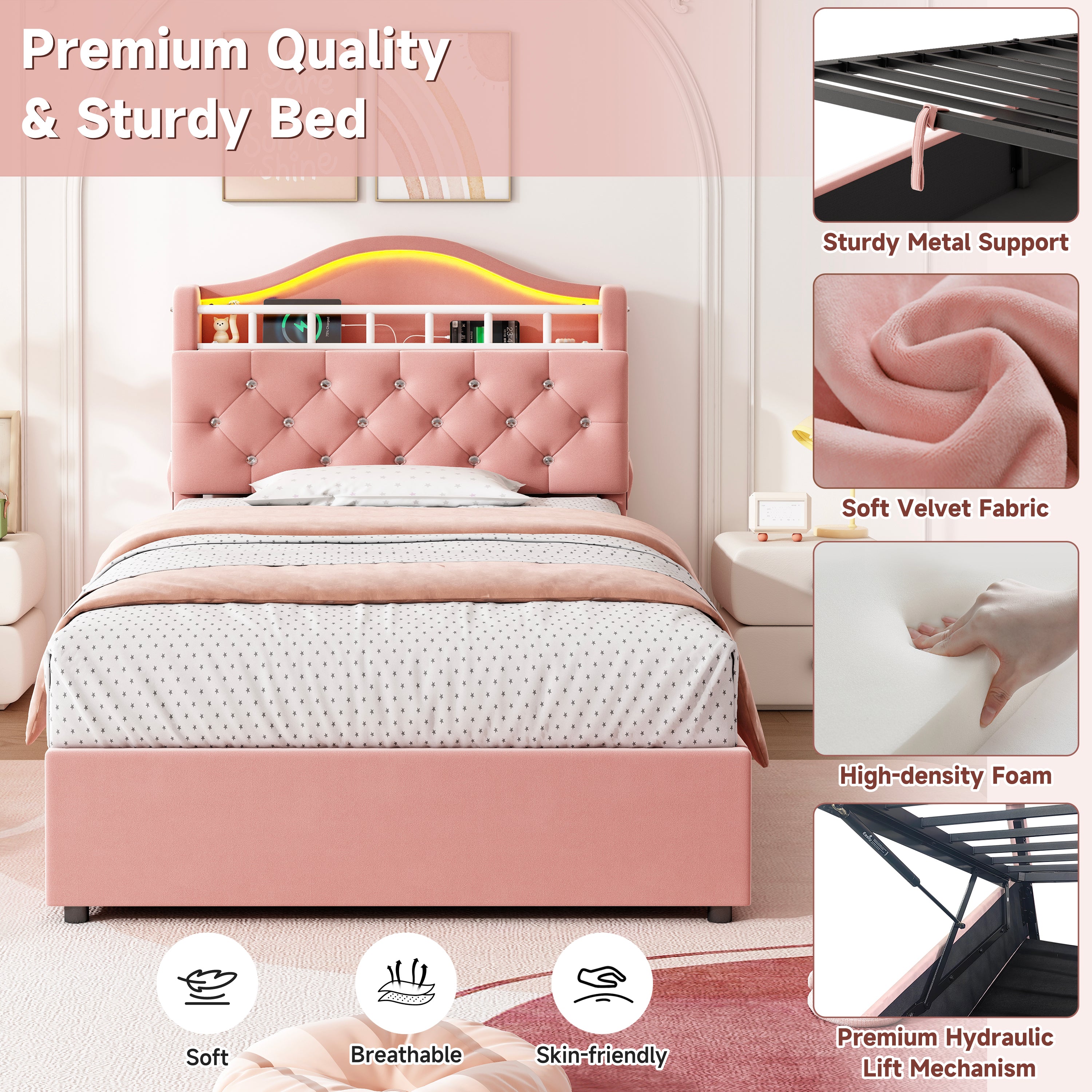 3ft Single Hydraulic Bed in Velvet, LED Bed Frame with Charging Station & Diamond Tufted Headboard, Multi-zone Storage, Solid & Stable Base, Pink (No Mattress)