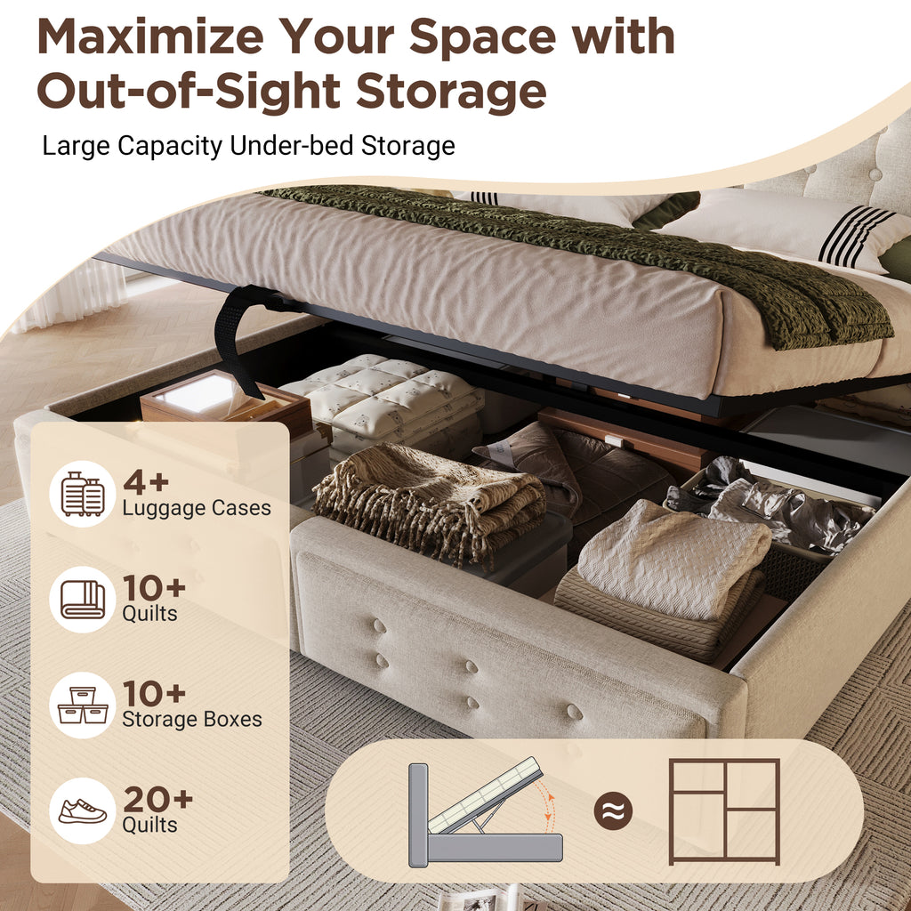 Upholstered Double Bed, 4FT6 Hydraulic Bed with LED Lighting, USB Type-C Charging, Headboard for Cellphones & Tablets, 135 x 190 cm, Linen, Beige (No Mattress)