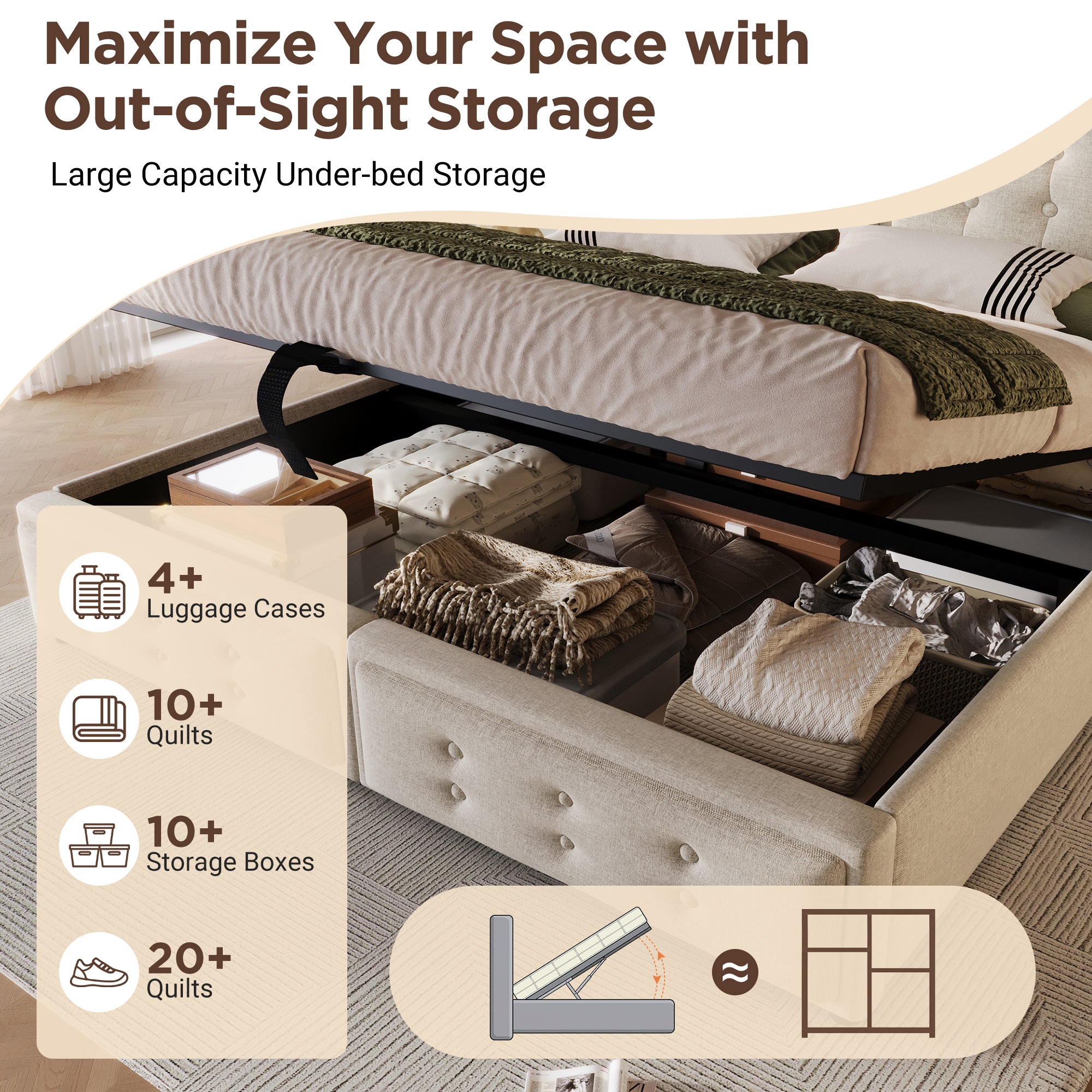 Upholstered King Bed, 5FT Hydraulic Bed with LED Lighting, USB Type-C Charging, Headboard for Cellphones & Tablets, 150 x 200 cm, Linen, Beige (No Mattress)