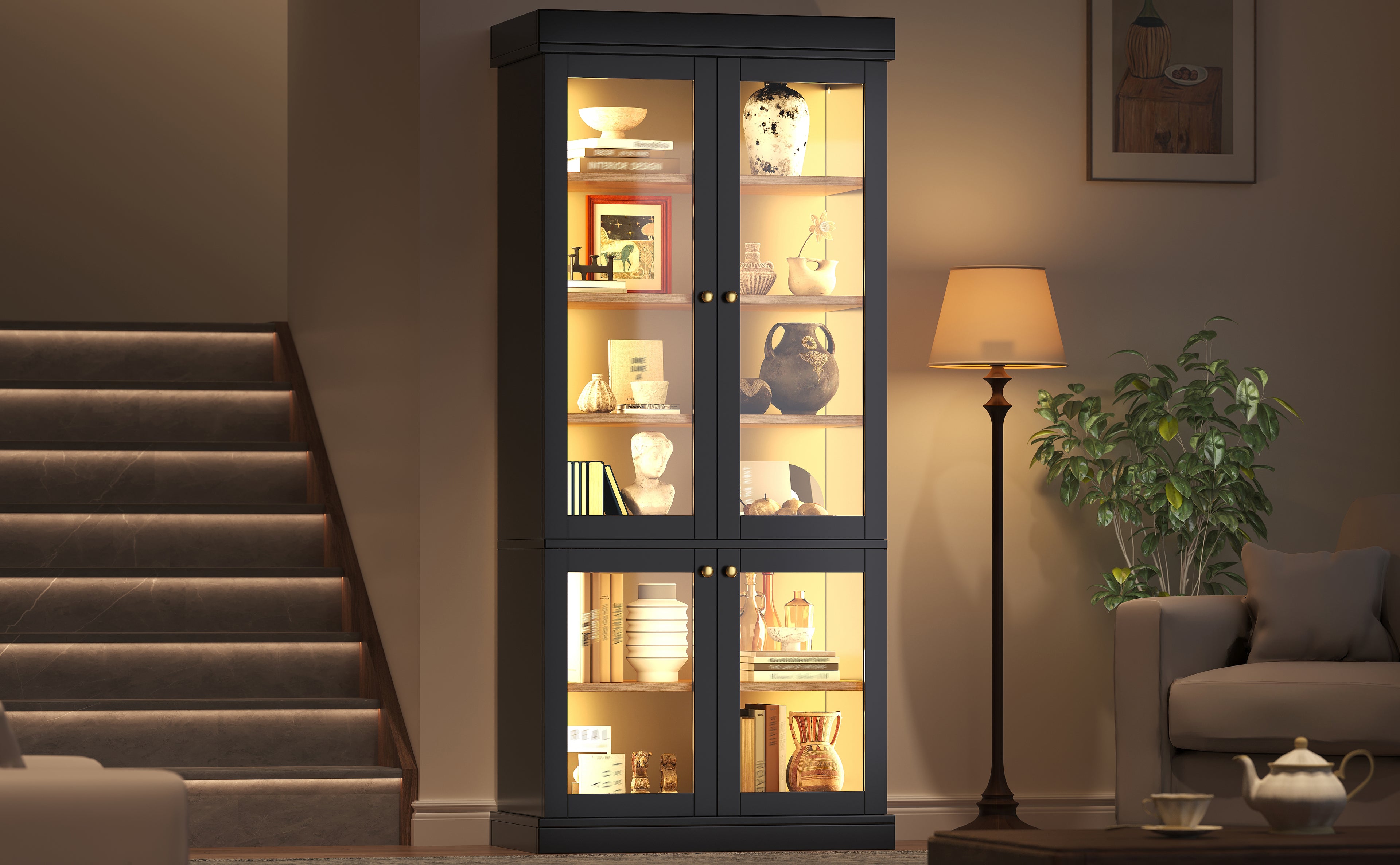 Modern freestanding cabinet with integrated LED mood lighting, glass display case, well-designed interior layout and anti-tip protection; stable, safe and versatile for home use; black