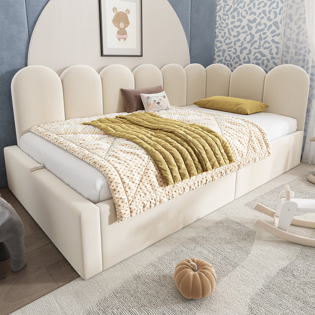 Upholstered Bed Daybed with Storage, 3FT Single Sofa Bed 90 x 190 cm, Daybed with Hydraulic Storage, Bed Frame with Metal Slatted Frame, Velvet, Beige (No Mattress)