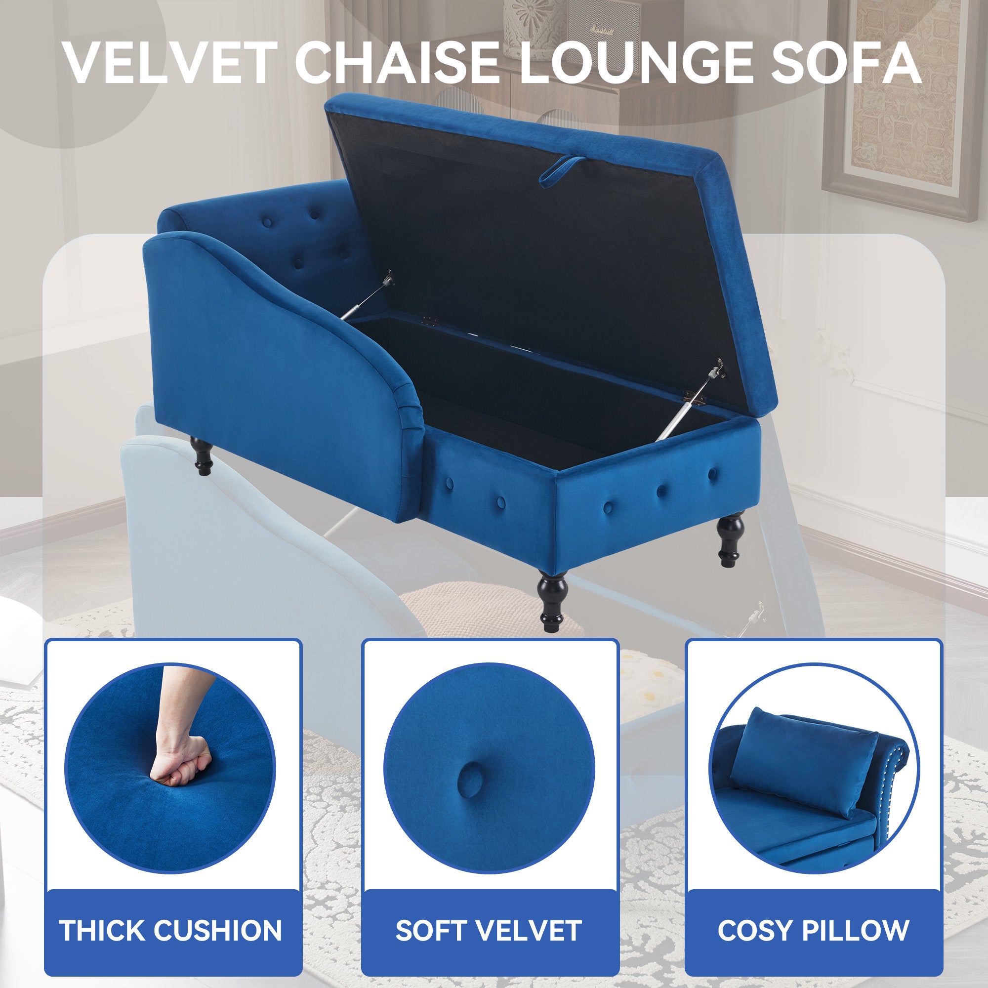 Velvet Chaise Lounge Sofa with Storage, Upholstered Chaise lounge Couch with Pillow for Living Room, Modern Nailhead-Trim & Button-tufted Lounge Chair, Bedroom and Office, Right Armrest