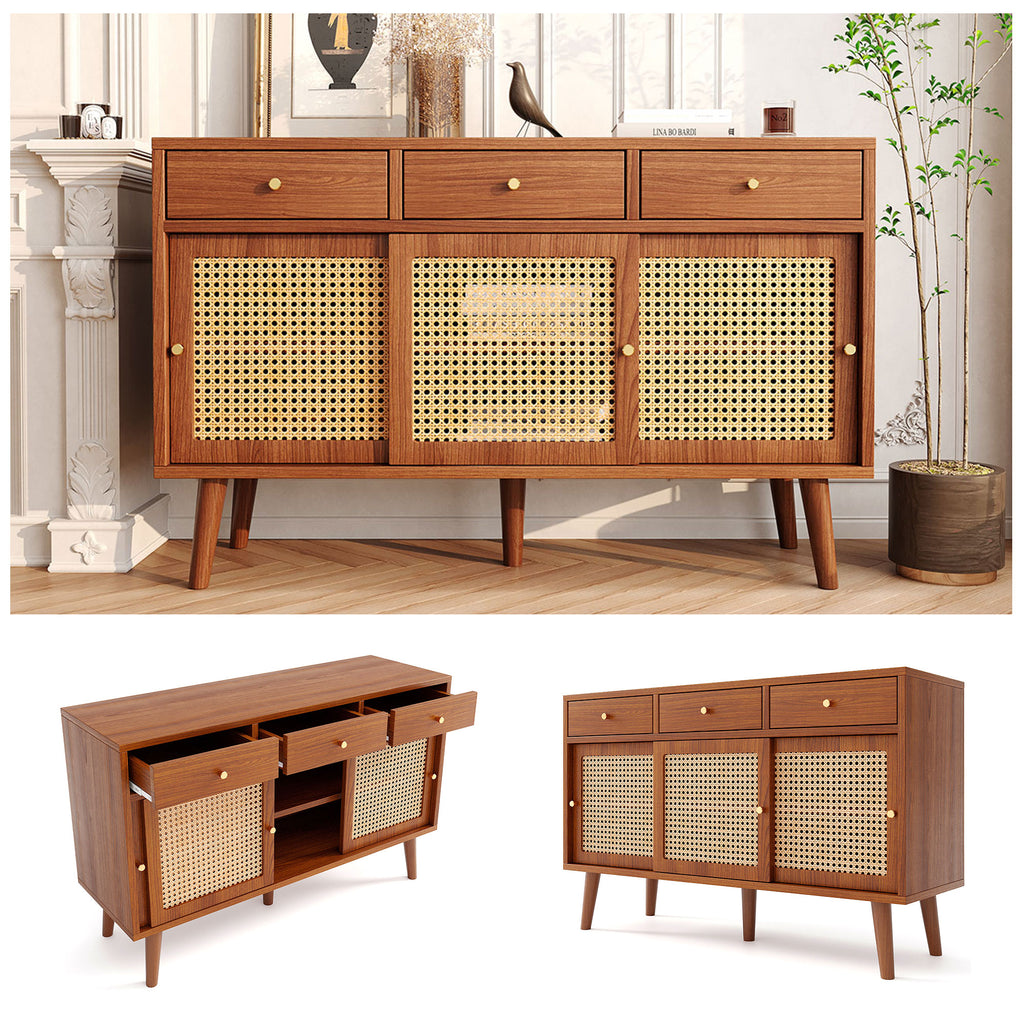 Modern sideboard 120*40*78cm, rattan door design, with 3 drawers and storage compartments, retro wooden sideboard, suitable for dining room and living room