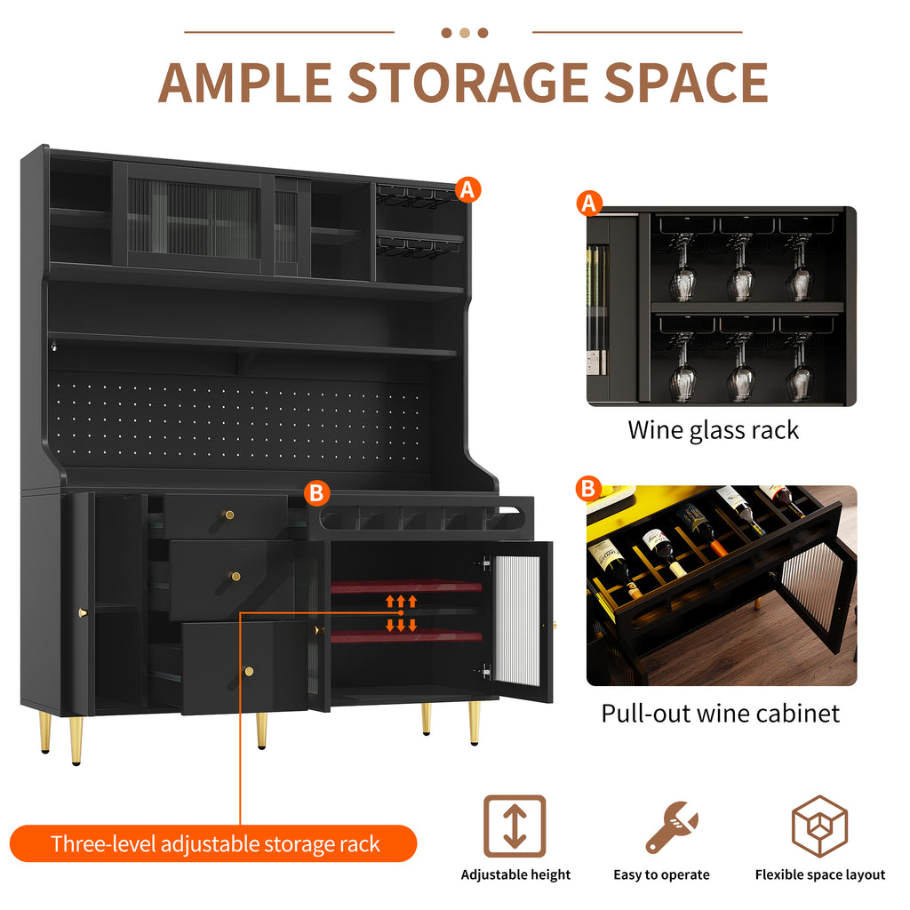 Highboard with Adjustable Shelves & LED Lights, Freestanding Storage Unit for Living Room Kitchen Dining, Tall cabinet with wine rack, Dimensions 145x39x171cm, Black