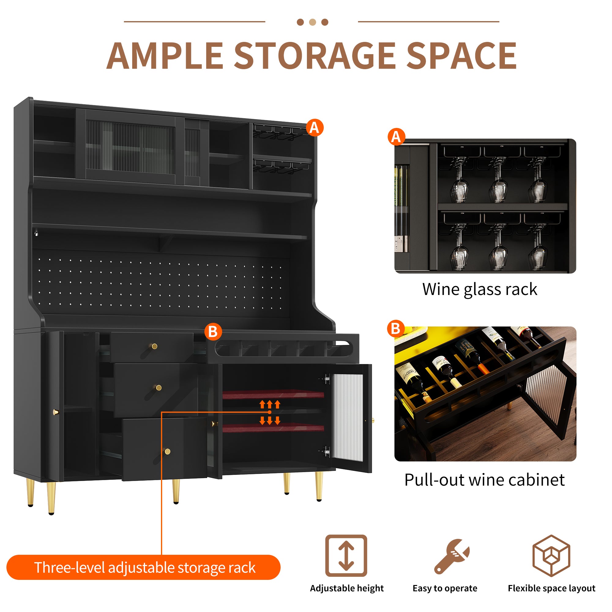 Highboard with Adjustable Shelves & LED Lights, Freestanding Storage Unit for Living Room Kitchen Dining, Tall cabinet with wine rack, Dimensions 145x39x171cm, Black