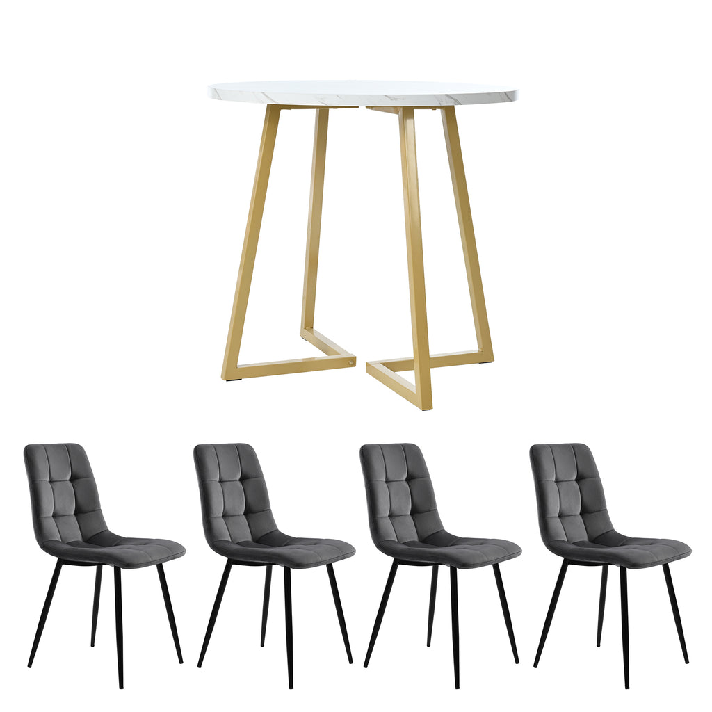 Dining Table Set (5 Pieces), Dining Table Set with 4 Chairs, Modern Kitchen Table Set, 80 cm Diameter Round Kitchen Table with Gold Metal Legs, White MDF Table Top, Dark Grey Velvet Dining Chairs