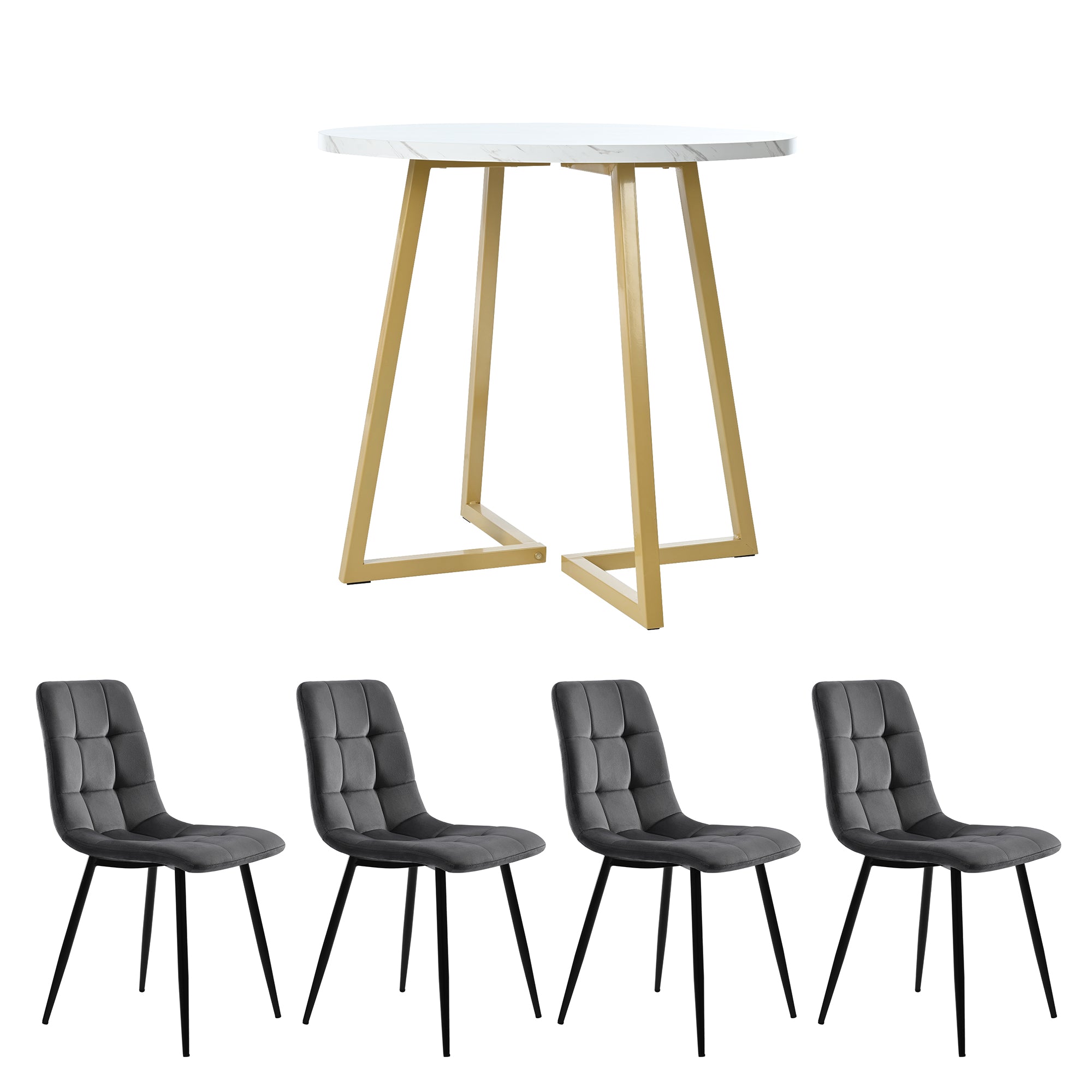 Dining Table Set (5 Pieces), Dining Table Set with 4 Chairs, Modern Kitchen Table Set, 80 cm Diameter Round Kitchen Table with Gold Metal Legs, White MDF Table Top, Dark Grey Velvet Dining Chairs