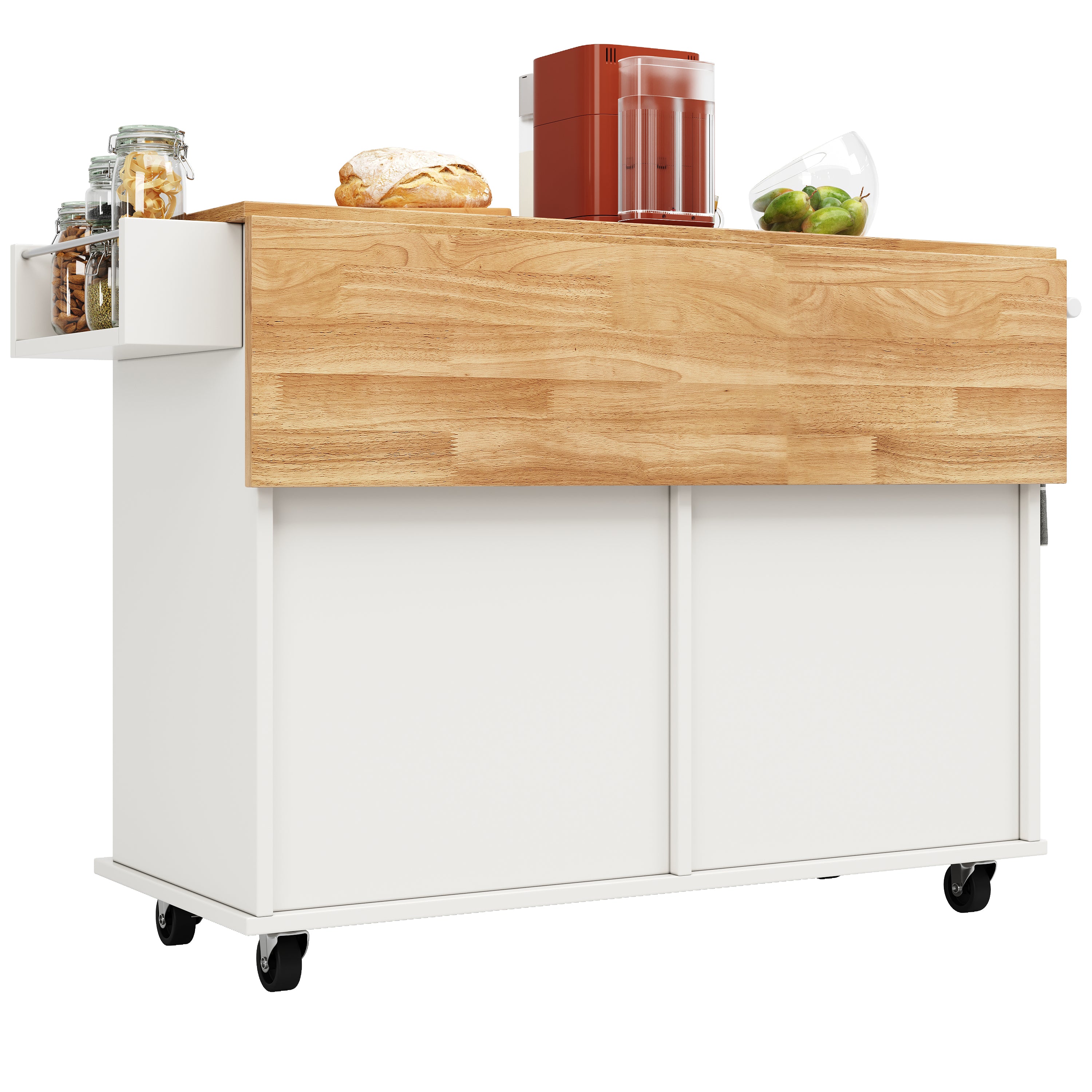 Rolling Kitchen Island Storage Trolley with Large Cabinet, 2 Drawers, Adjustable Shelf, Spice&Towel Rack, Sideboard Cupboard Cabinet Cart, Dining Room Organiser , White