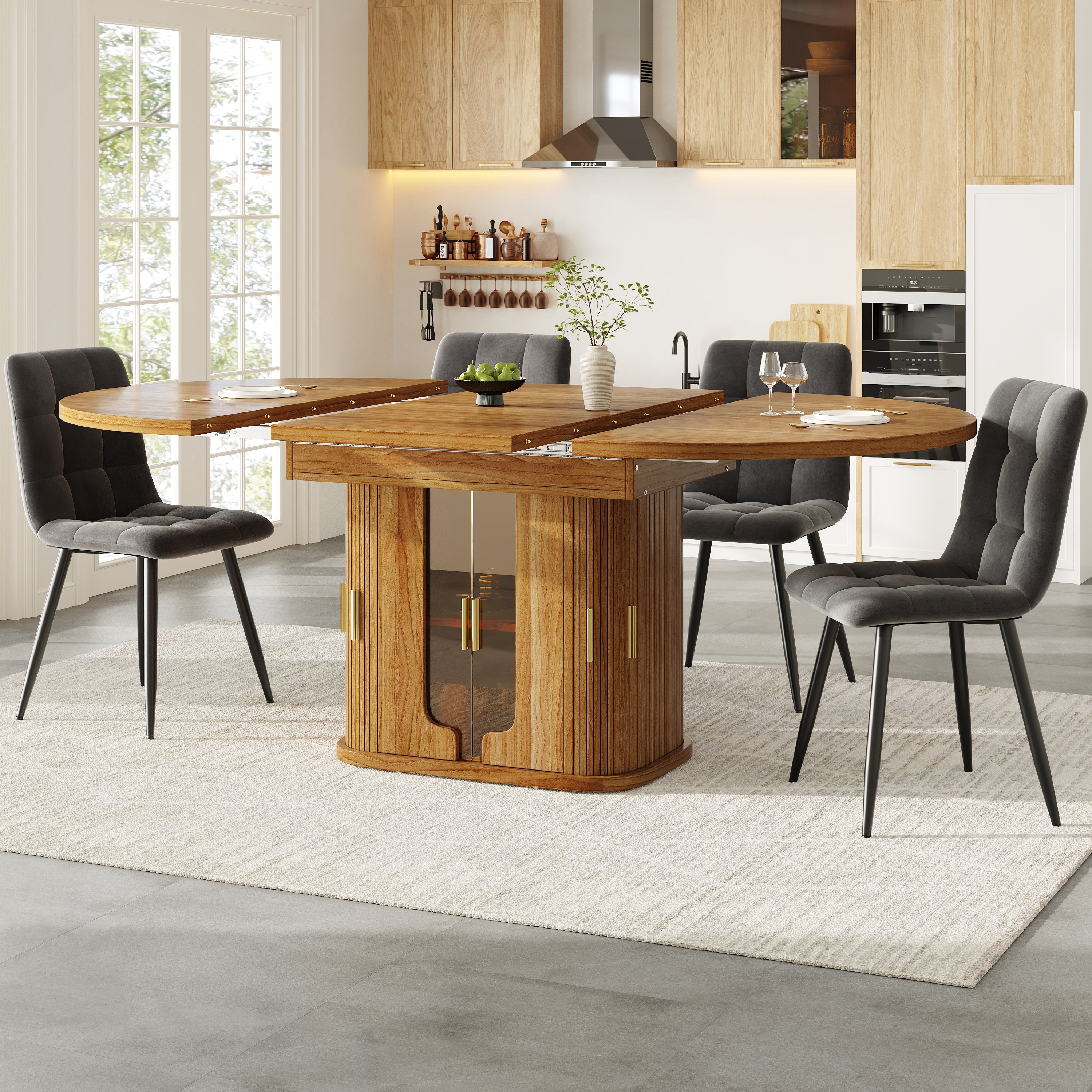 Extendable dining table, dining room table, kitchen table, round dining table, extends to oval, 118-158 cm, seats up to 6 people, dining table with glass doors, Walnut