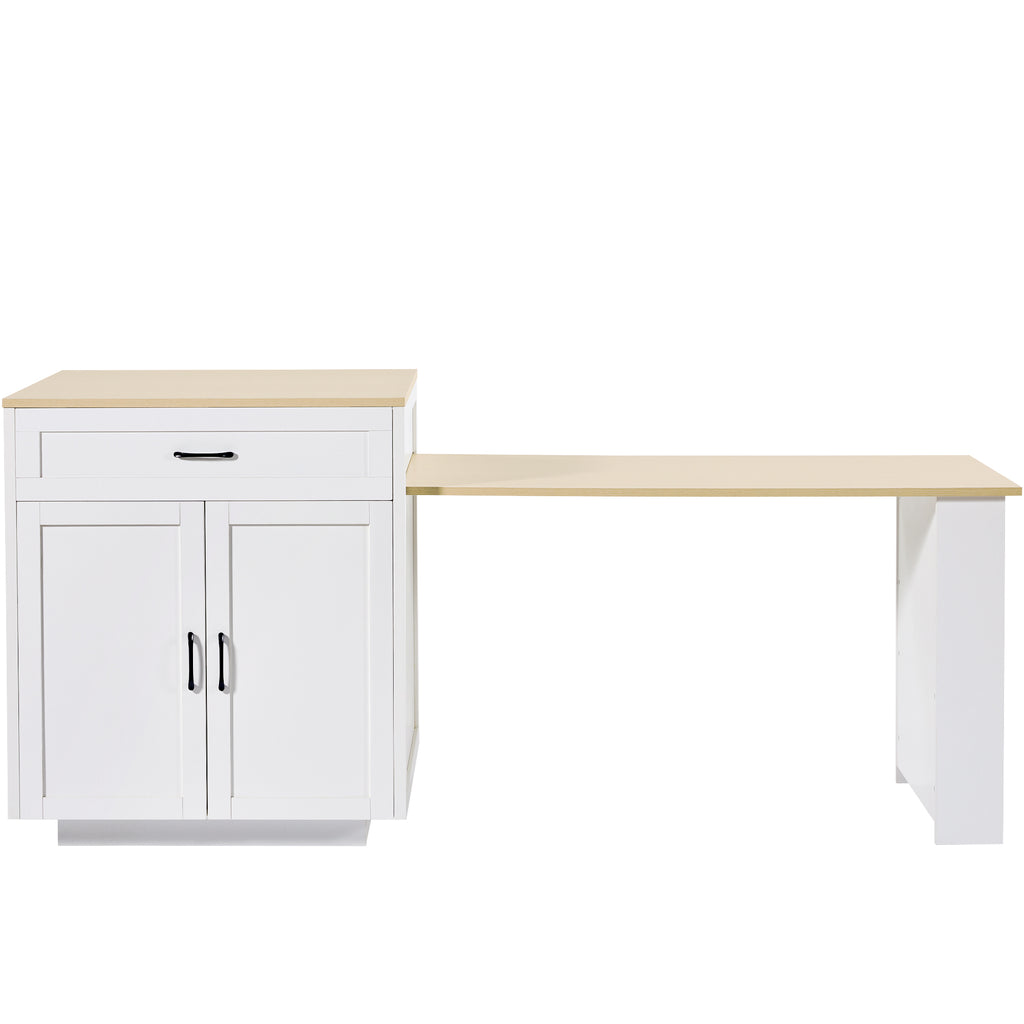 Extendable Bar Table with Storage (133–202 × 70 × 93.5 cm), with 2 Drawers and 2 Compartments, Expandable Kitchen Island Table for 2–6 People, Kitchen Dining Cart with Side Shelves, White.