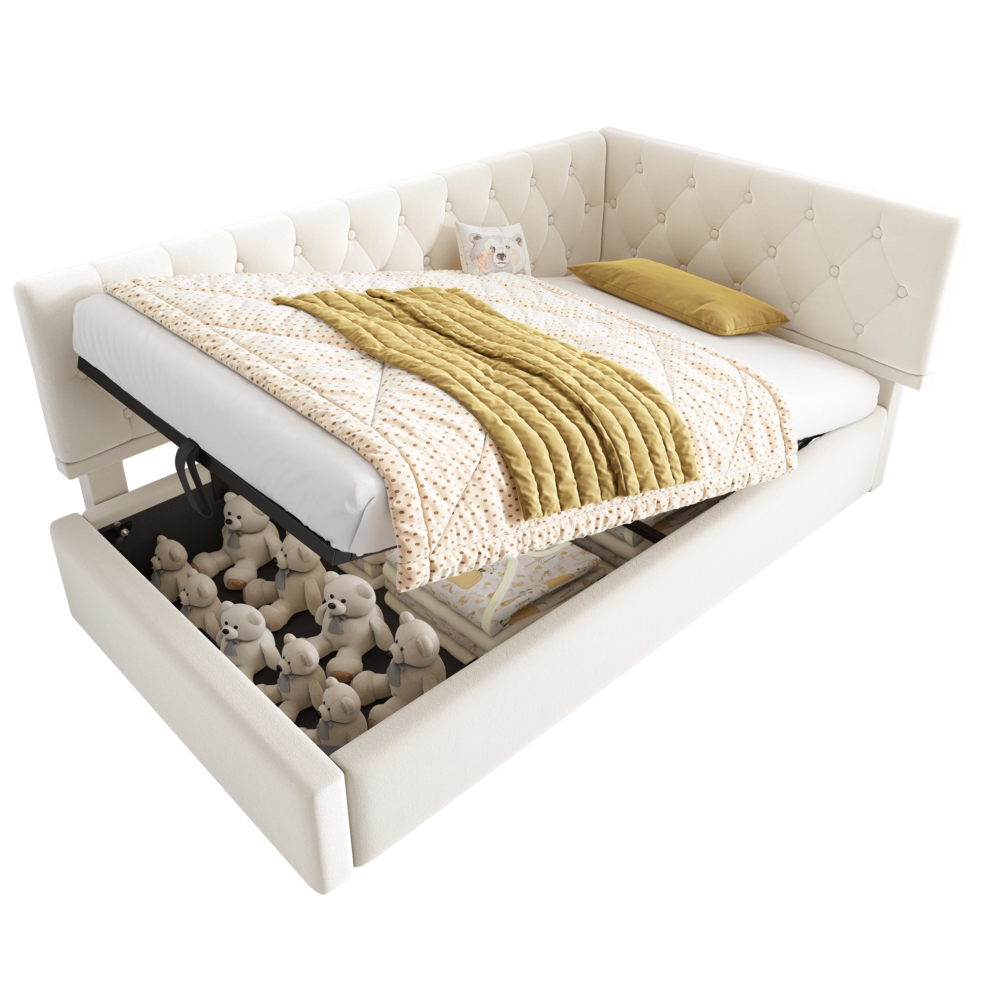 Daybed Upholstered Bed with Storage, 3FT Single Sofa Bed 90 x 190 cm, Ottoman Bed with Hydraulic Storage, Metal Slatted Bed Frame, Velvet, Beige (No Mattress)