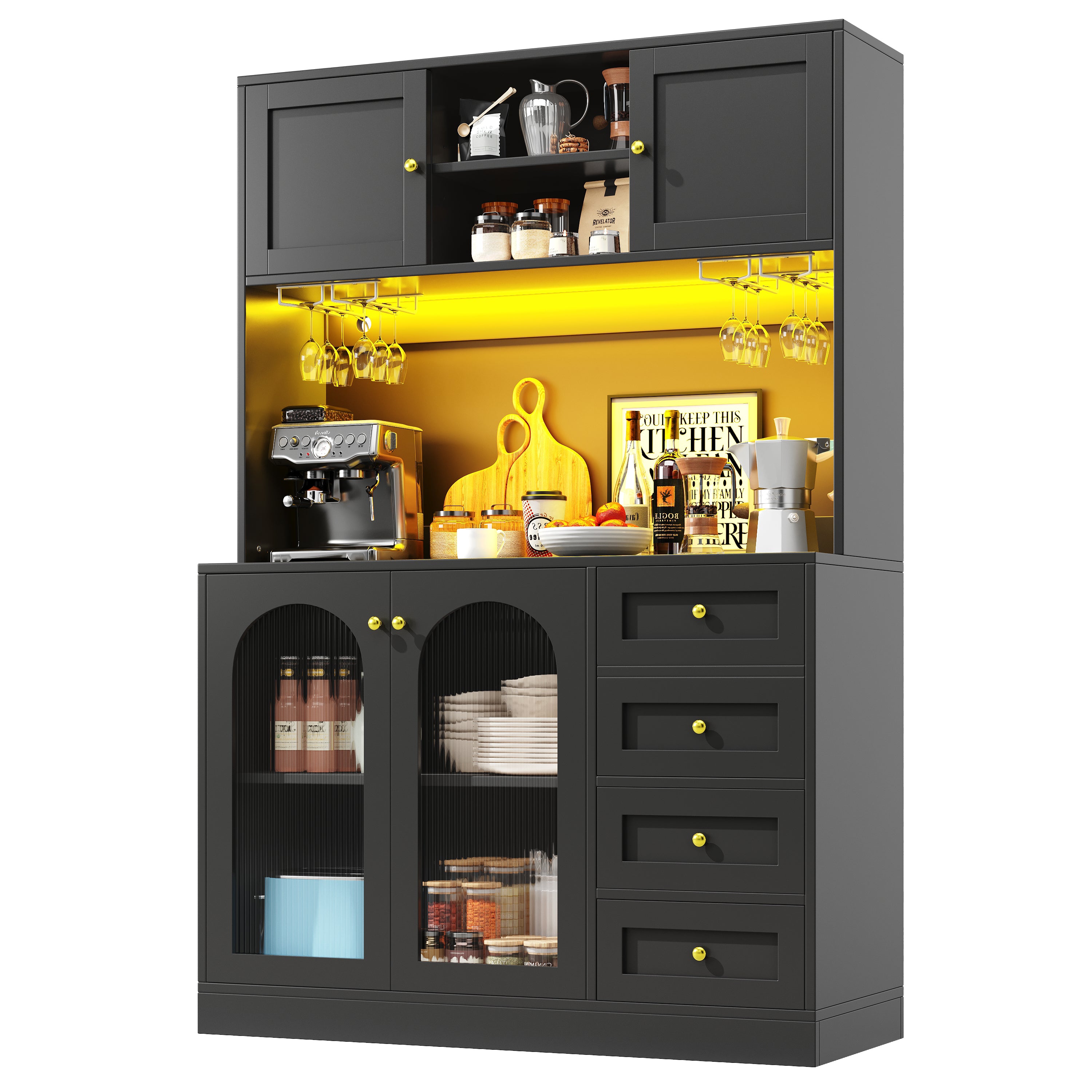 Sideboard / Storage Cabinet / Kitchen Cabinet / Buffet Cabinet, 120x40x188cm, Farmhouse Style, 4 Doors, with LED Light Strip & Drink Holders, Black/White (Fluted Glass Doors)