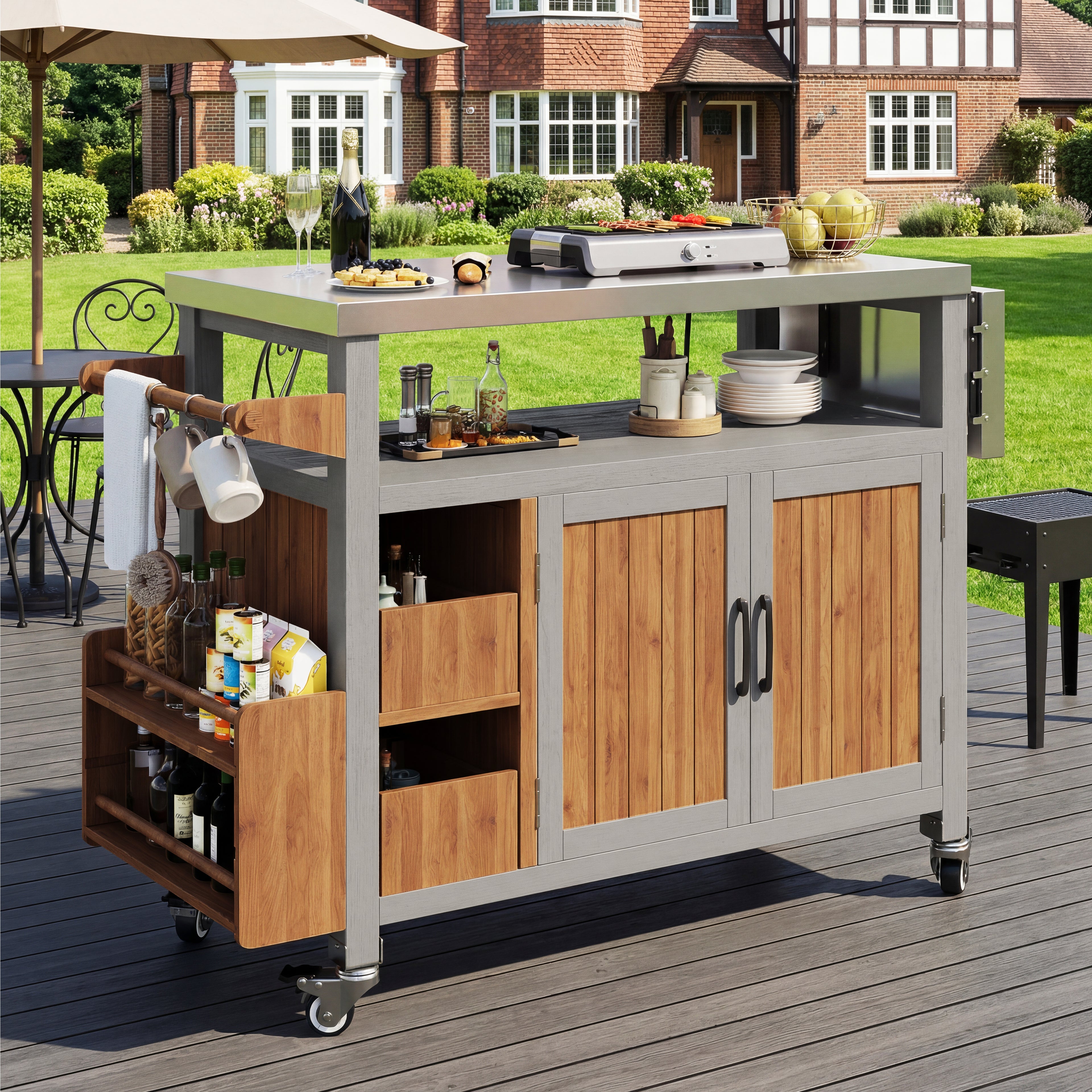 BBQ side table, mobile garden cabinet, weatherproof, stainless steel worktop, outdoor sideboard, serving trolley with pull-out side shelf, 3 hooks, shelf for snacks and spices, solid wood