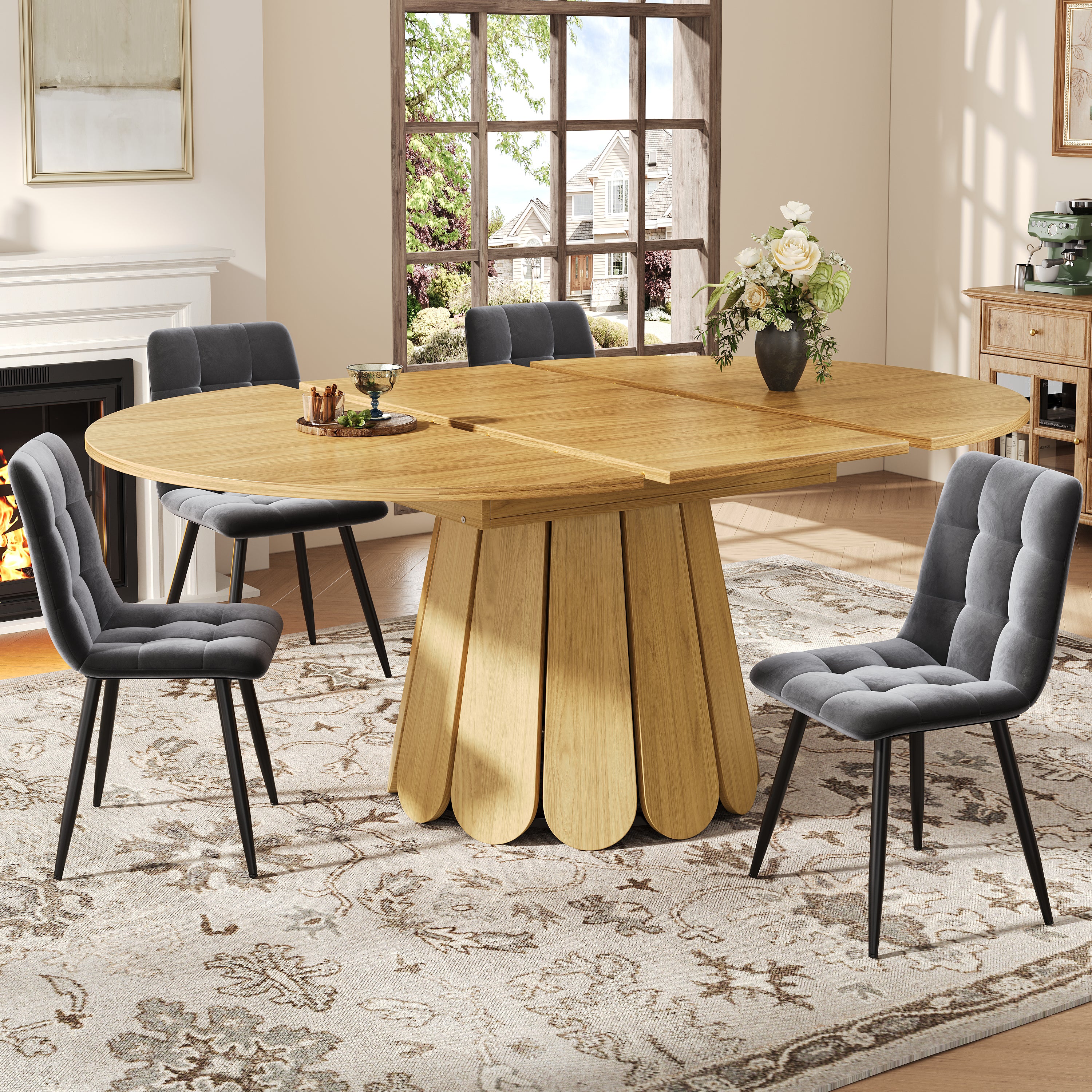 Extendable dining table, dining room table, kitchen table, balcony table, wooden dining table Round dining table, extends to oval, 118–158 cm, seats up to 6 people, natural color