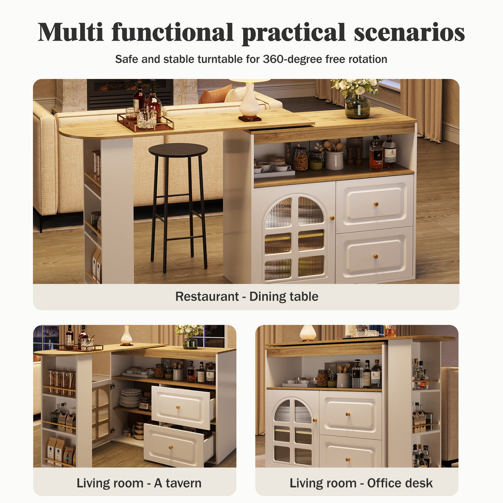 Rotating sideboard, suitable for bedrooms, living rooms, dining rooms, 2 drawers, snack shelf, open storage compartment, rotating sideboard cabinet with shelves and curved glass, white