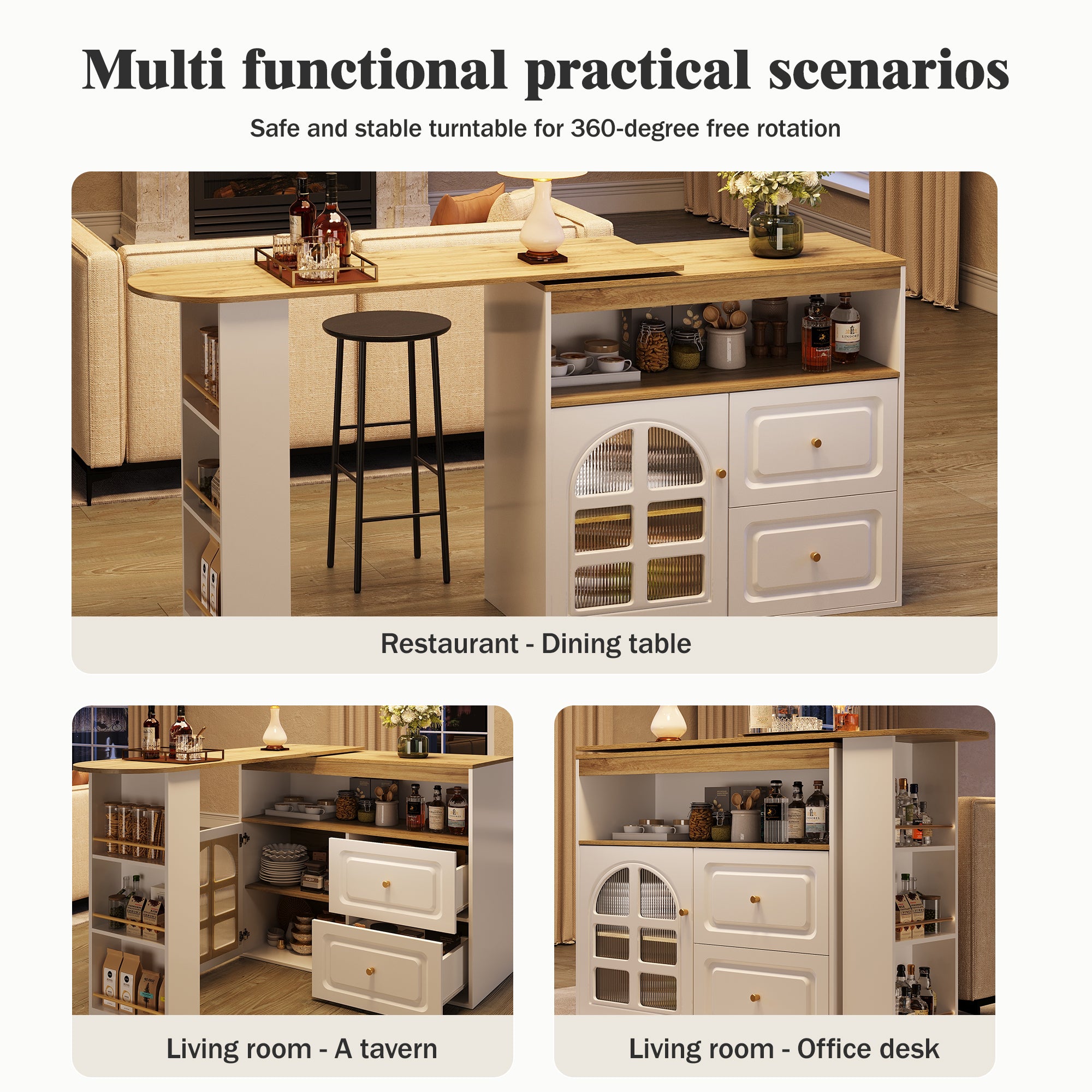 Rotating sideboard, suitable for bedrooms, living rooms, dining rooms, 2 drawers, snack shelf, open storage compartment, rotating sideboard cabinet with shelves and curved glass, white