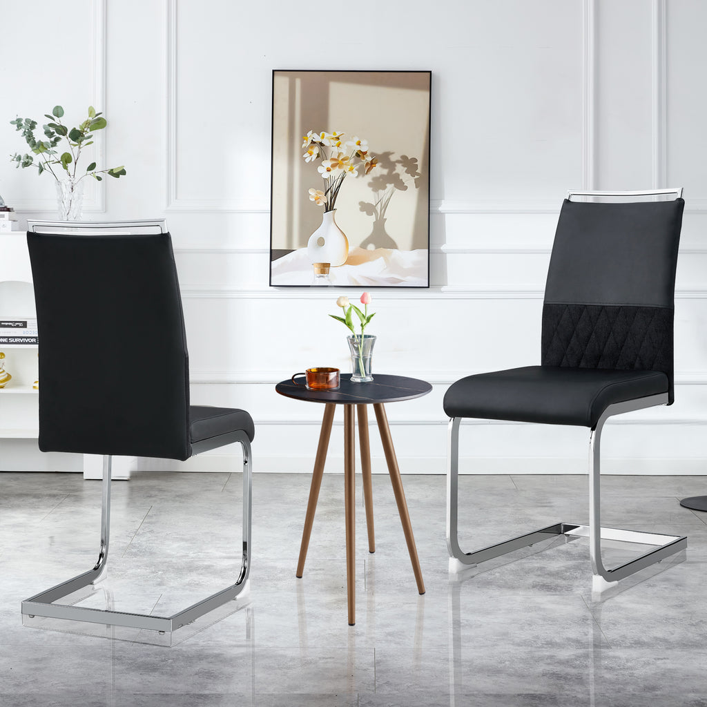 Modern dining chairs set of 2, backrest made of PU faux leather and linen, high back padded side chair, horizontal stripes backrest design for dining room, kitchen, guest office chair, black