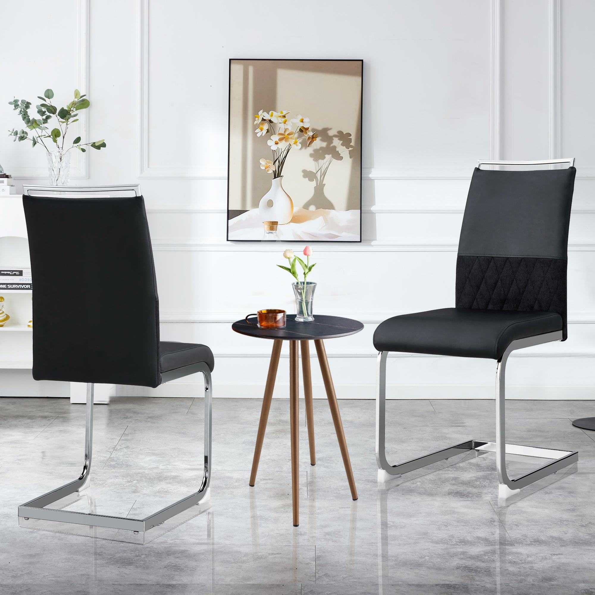 Modern dining chairs set of 2, backrest made of PU faux leather and linen, high back padded side chair, horizontal stripes backrest design for dining room, kitchen, guest office chair, black