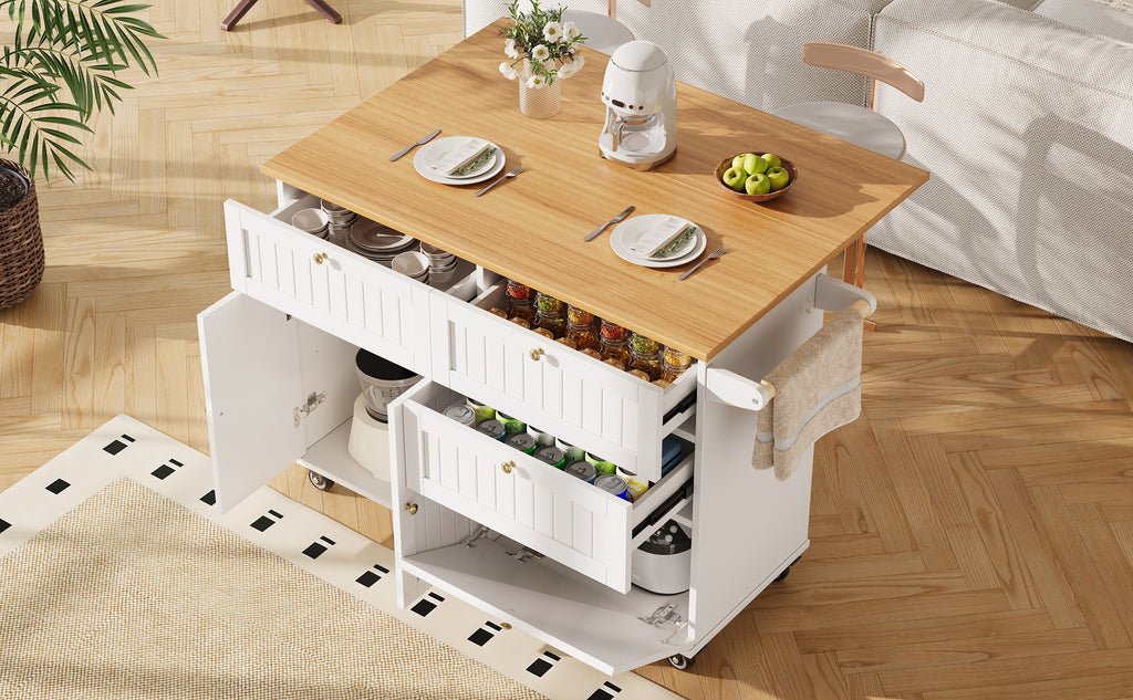 Rolling Mobile Kitchen Island, Table on Wheels with Drawer and Storage Cabinet, Portable Kitchen Island Cart with Drop Leaf, Breakfast Bar, Towel Rack, White