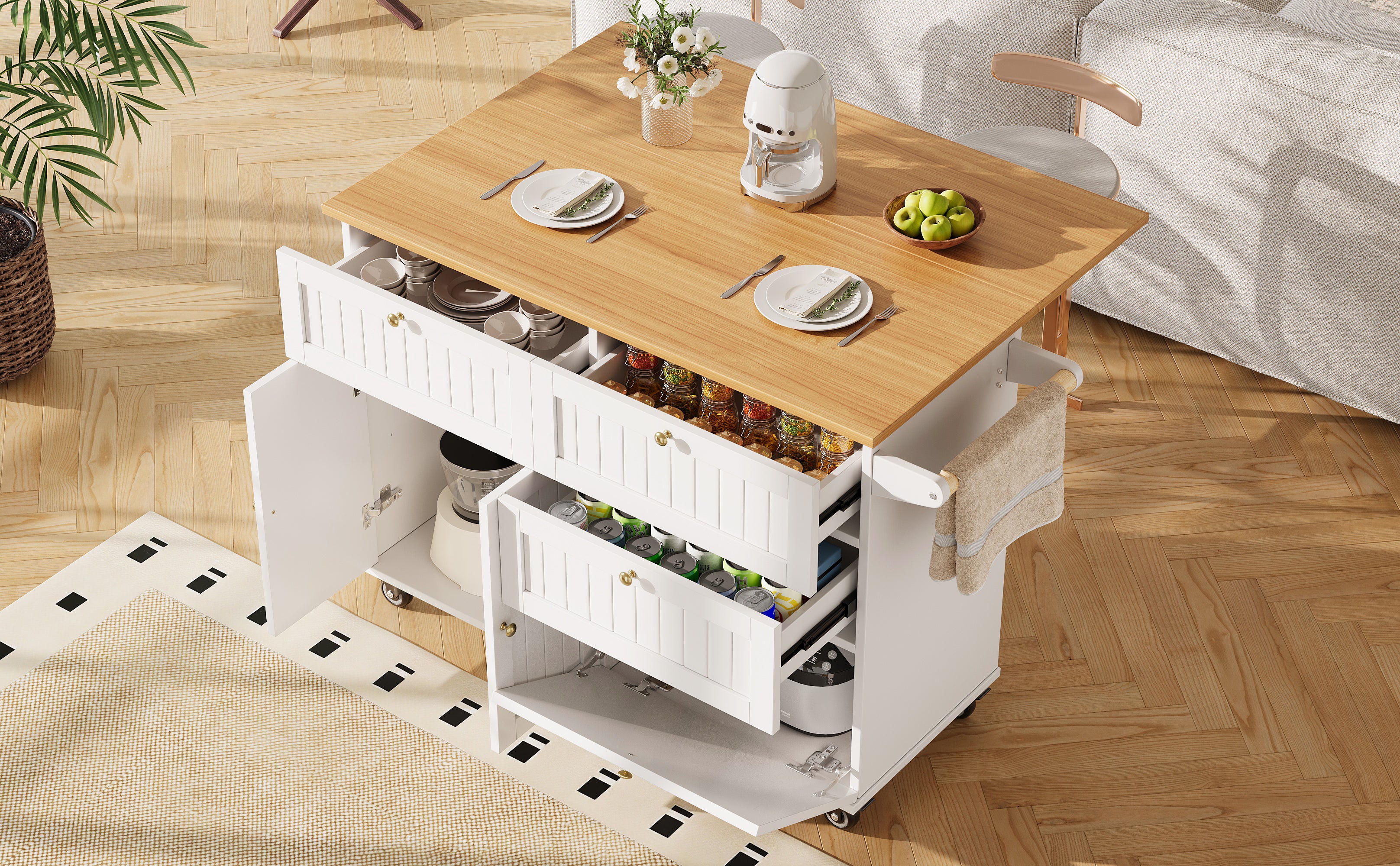 Rolling Mobile Kitchen Island, Table on Wheels with Drawer and Storage Cabinet, Portable Kitchen Island Cart with Drop Leaf, Breakfast Bar, Towel Rack, White