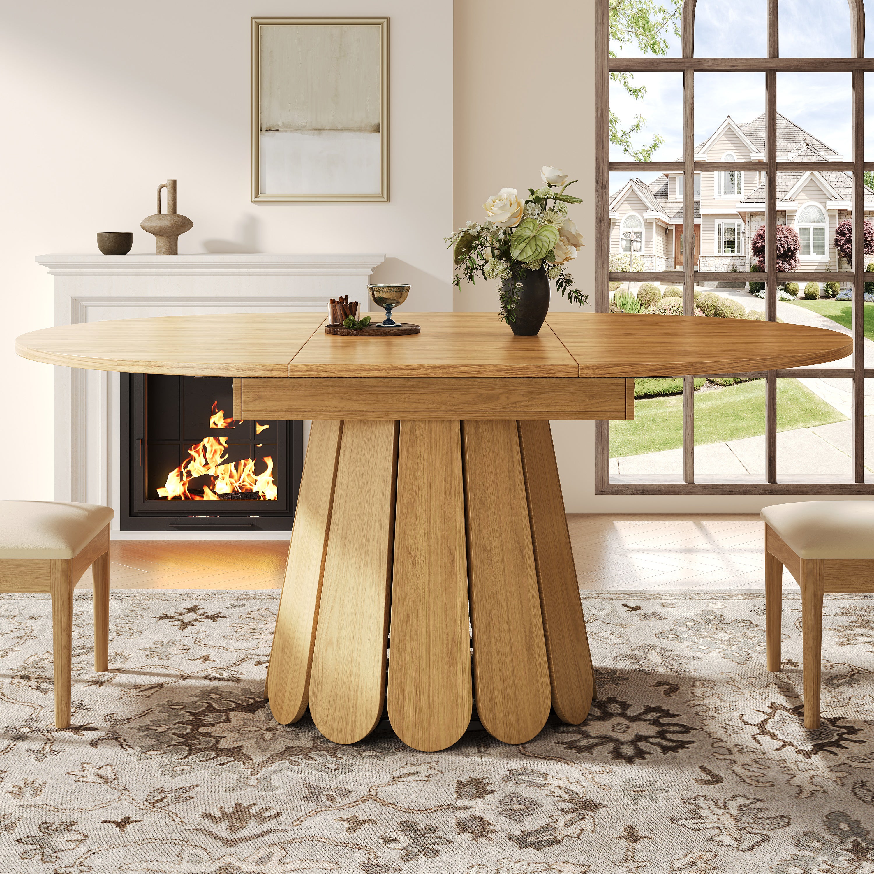 Extendable dining table, dining room table, kitchen table, balcony table, wooden dining table Round dining table, extends to oval, 118–158 cm, seats up to 6 people, natural color