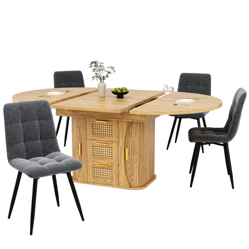 Extendable dining table with storage, 118–158cm table with rattan drawers, MDF wood look, black / natural wood / oak look