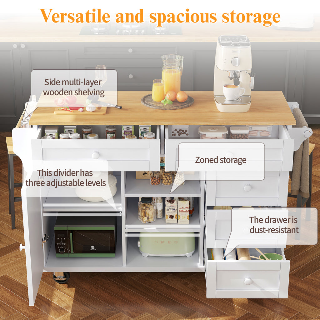 Dining trolley (134 x 46 x 92 cm), modern and simple white food trolley, combined drawer-storage cabinet design, mobile and fixed dual-use design, suitable for domestic and commercial kitchens, white