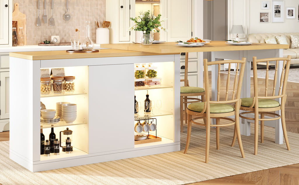 Extendable Sideboard with LED Lights, 120-197 cm Adjustable Dining Table with Storage, Kitchen cabinet with glass shelves & snack rack, White/Black
