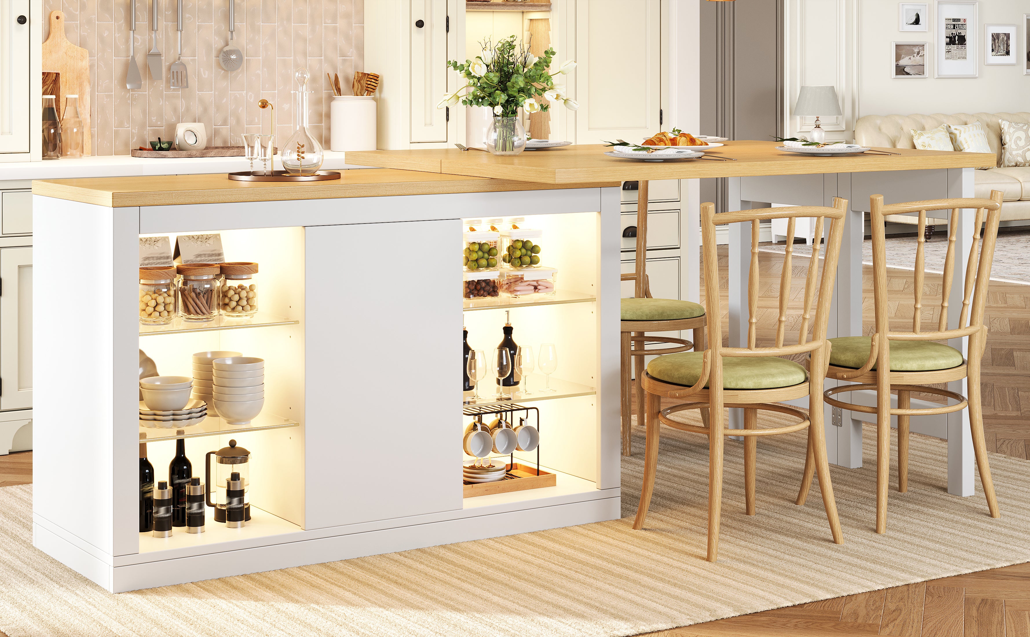 Extendable Sideboard with LED Lights, 120-197 cm Adjustable Dining Table with Storage, Kitchen cabinet with glass shelves & snack rack, White/Black