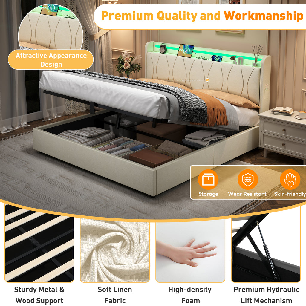 5ft King Upholstered Bed Frame with Hydraulic Storage, LED Headboard with Charging Station and Concealed Headboard Storage, USB and Type - C Ports, Linen, No Box Spring Needed, Beige (No Mattress)