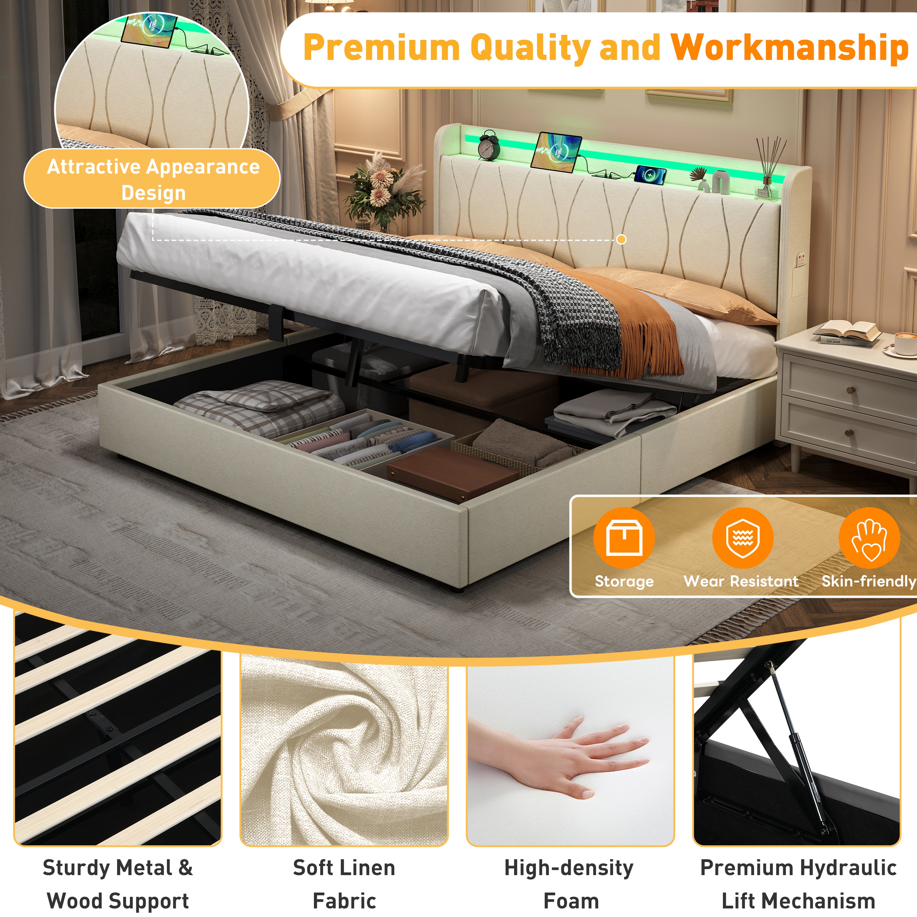 5ft King Upholstered Bed Frame with Hydraulic Storage, LED Headboard with Charging Station and Concealed Headboard Storage, USB and Type - C Ports, Linen, No Box Spring Needed, Beige (No Mattress)