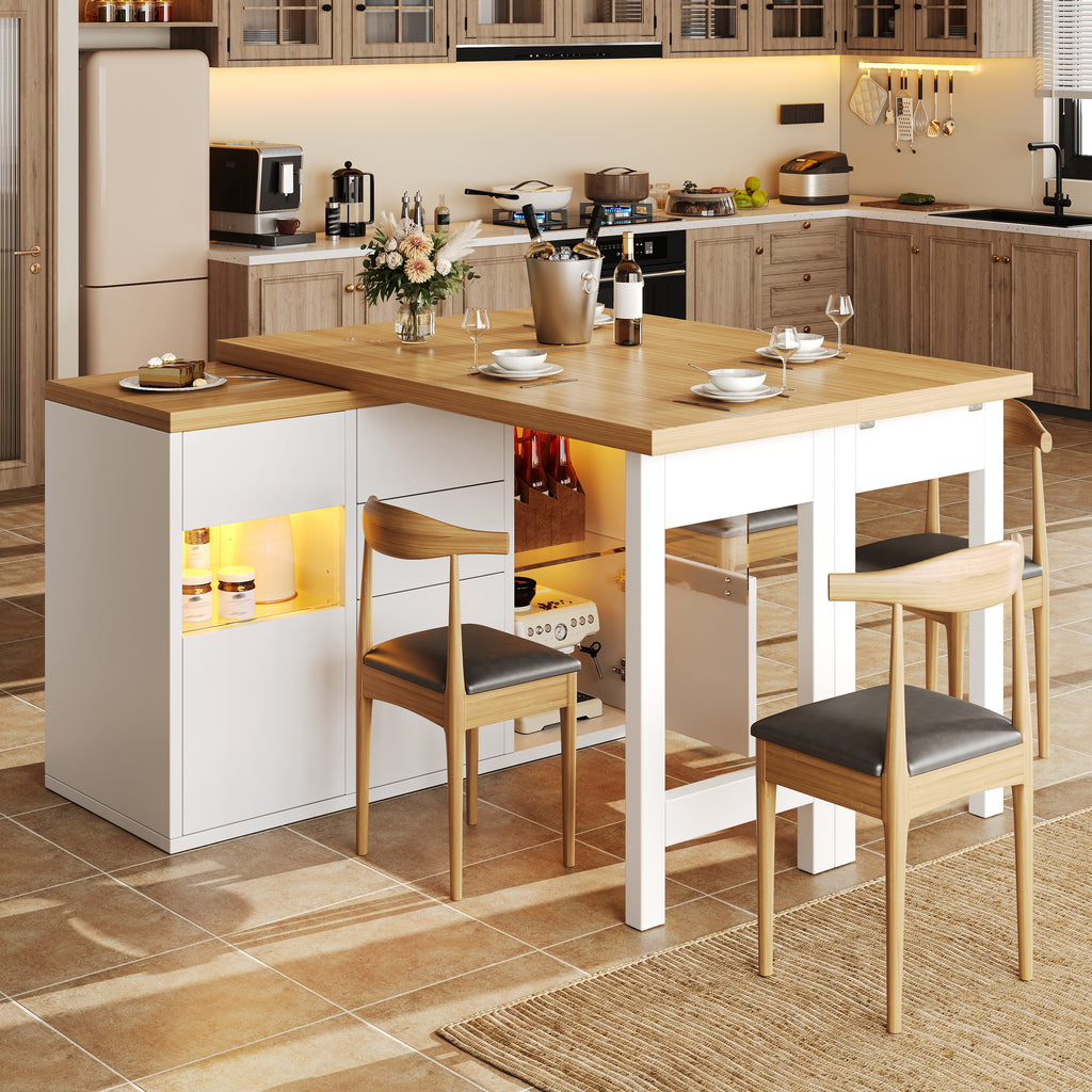 Extendable Sideboard & Dining Table Combo with LED Lights, Adjustable Dining Table with Storage, 4 Drawers & Glass Cabinet doors, White