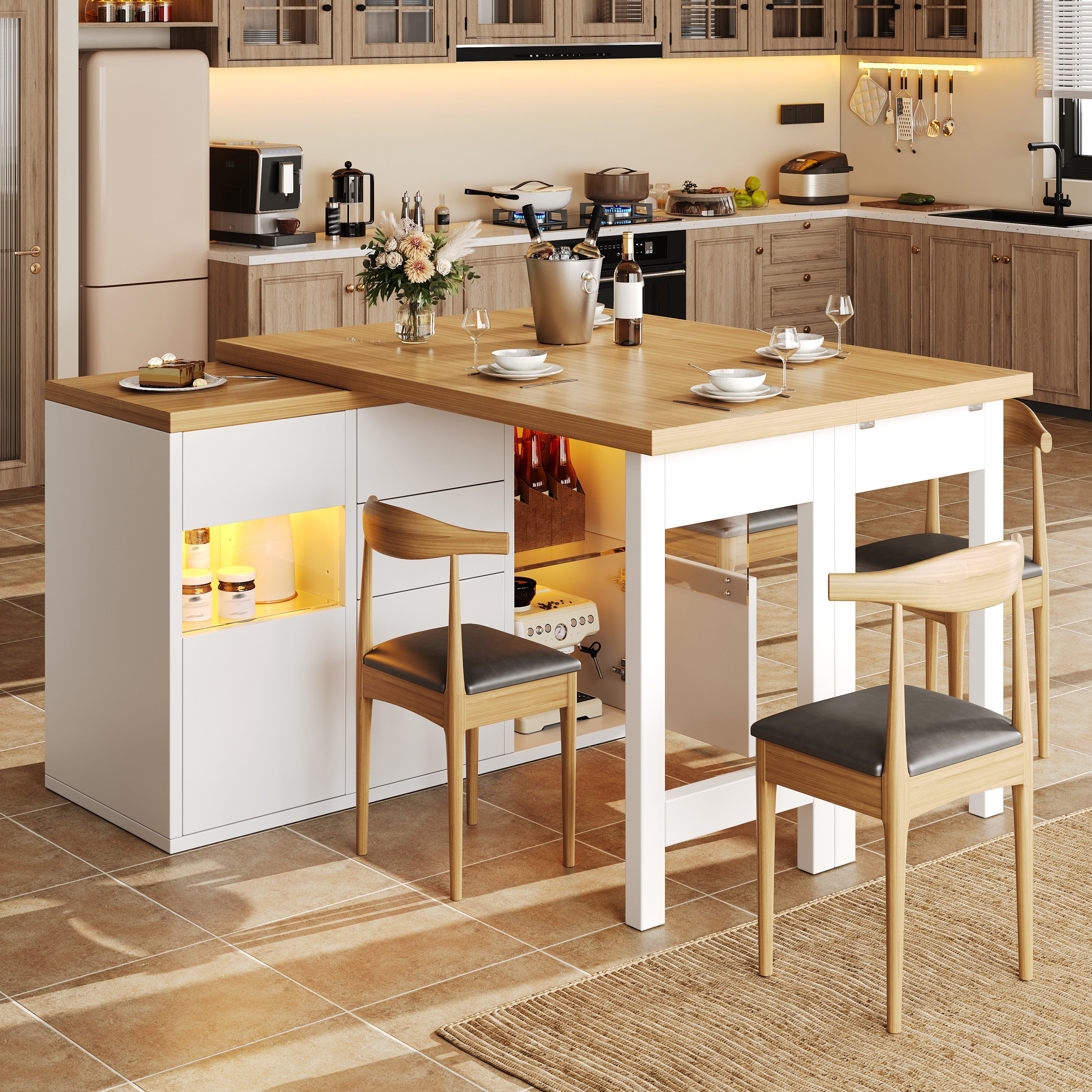 Extendable Sideboard & Dining Table Combo with LED Lights, Adjustable Dining Table with Storage, 4 Drawers & Glass Cabinet doors, White