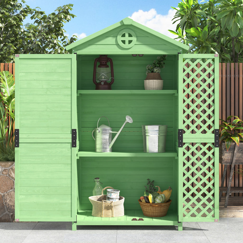 Outdoor Wood Garden Furniture Storage Shed, Tool House with Ventilation Slots for Backyard, Patio, Fade Free, All Weather Resistant, Safe and Secure, Zero Maintenance, Green