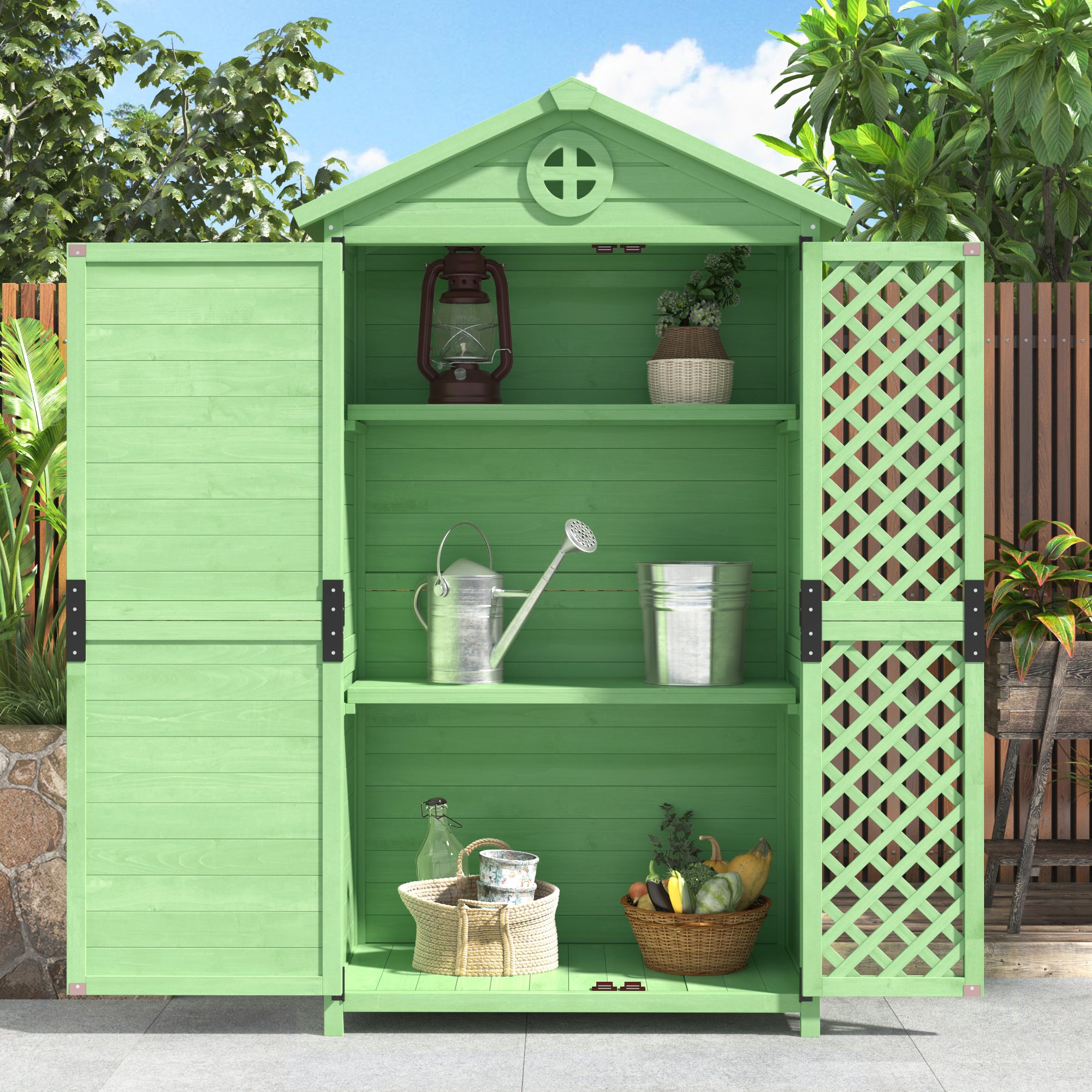 Outdoor Wood Garden Furniture Storage Shed, Tool House with Ventilation Slots for Backyard, Patio, Fade Free, All Weather Resistant, Safe and Secure, Zero Maintenance, Green