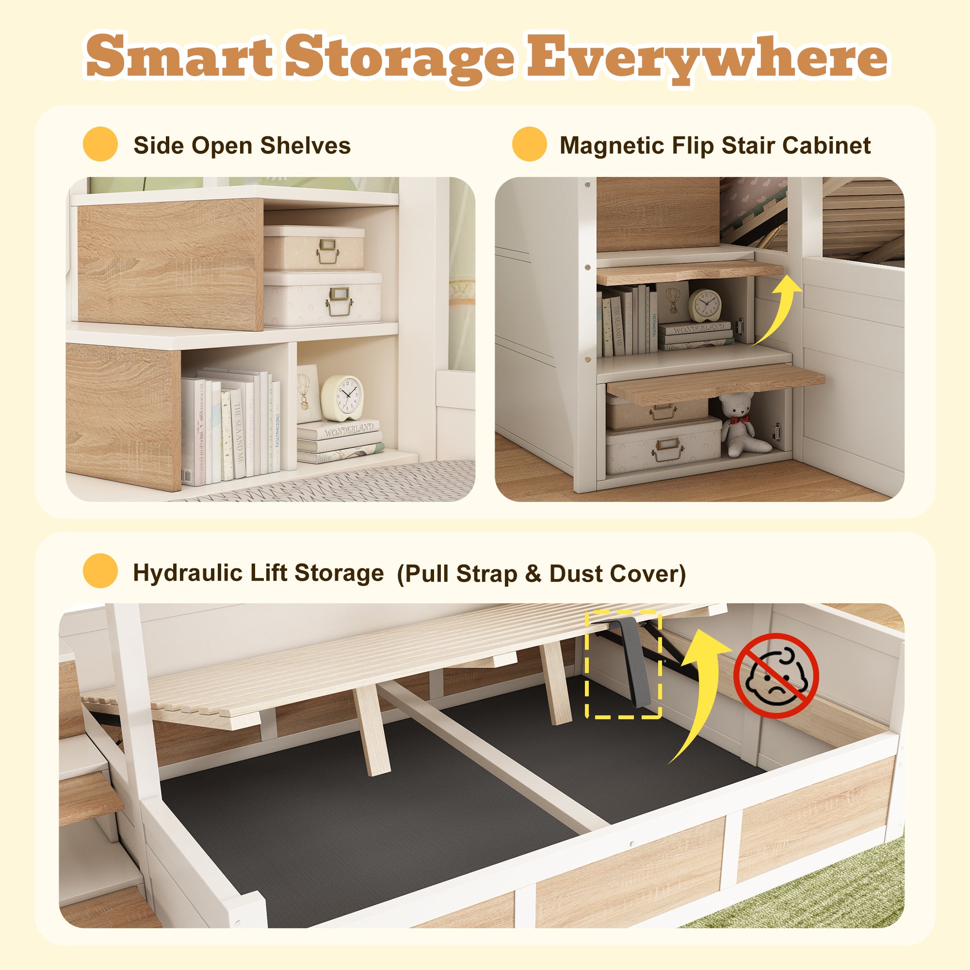 Bunk Beds for Kids, Staircase Bunk with Hydraulic Storage, Children's Bed with Storage Cube, Double Bunk Bed for Family with Multiple Children, (90+135) x 190 cm, Solid Wood, White & Natural