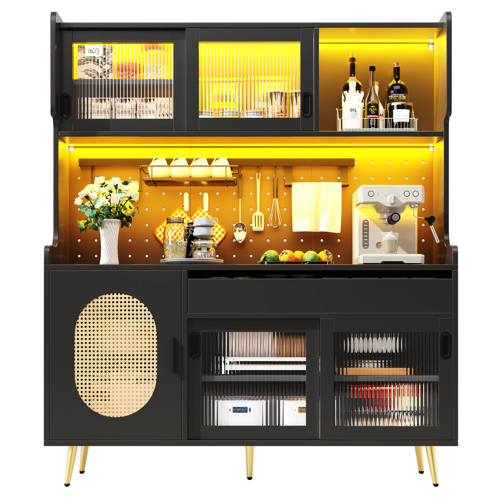 Sideboard / Storage Cabinet / Kitchen Cabinet / Buffet, 145x39x171cm, Country Style, 5 Doors, with LED Light Strip & Pegboard, Fluted Glass Doors, Brown/Black