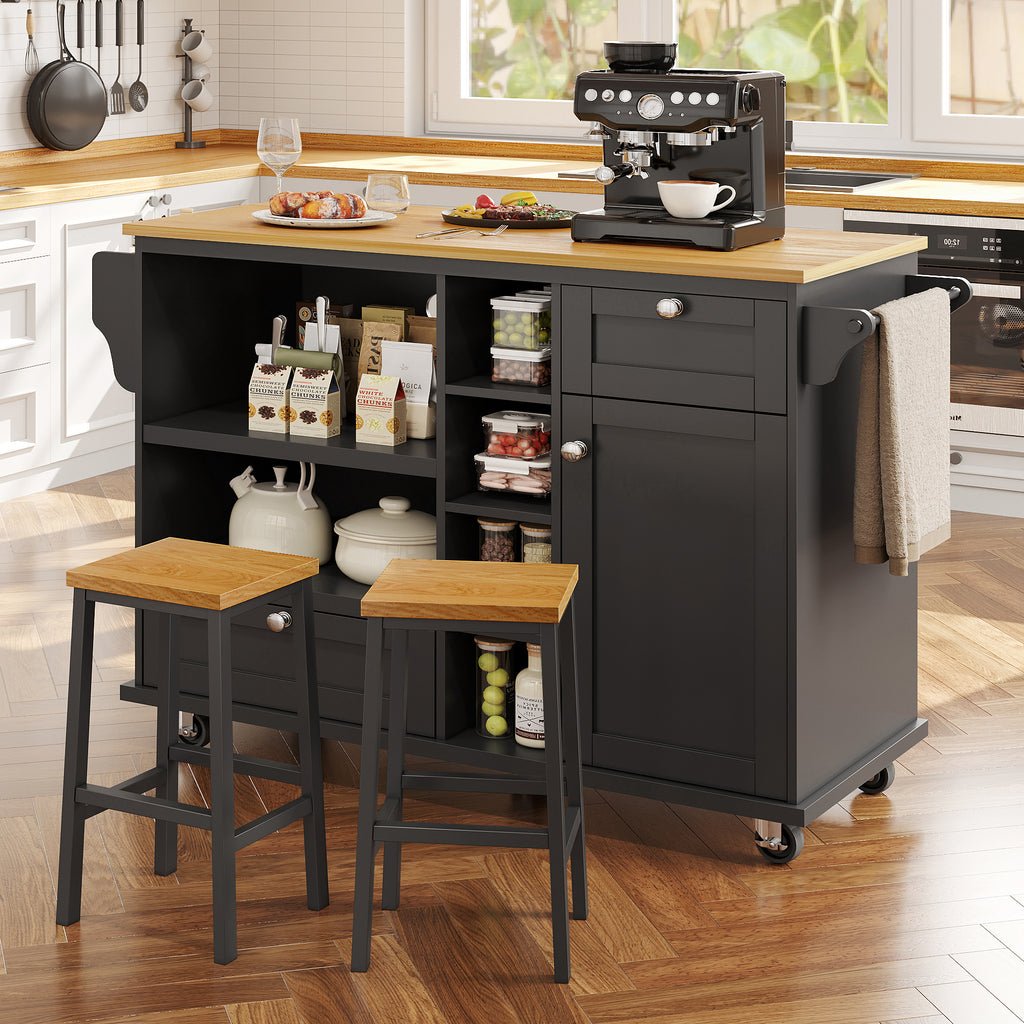 Dining trolley (129 x 46 x 92 cm), modern and simple black mobile kitchen dining trolley with drawers and storage cupboards, light brown wooden worktop, suitable for modern families, black