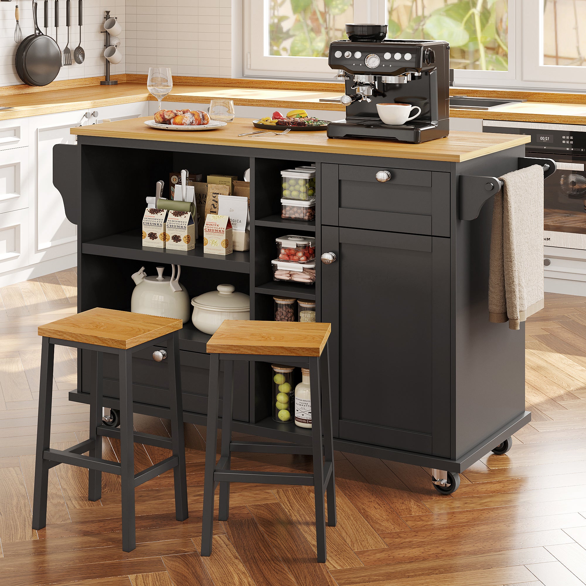 Dining trolley (129 x 46 x 92 cm), modern and simple black mobile kitchen dining trolley with drawers and storage cupboards, light brown wooden worktop, suitable for modern families, black