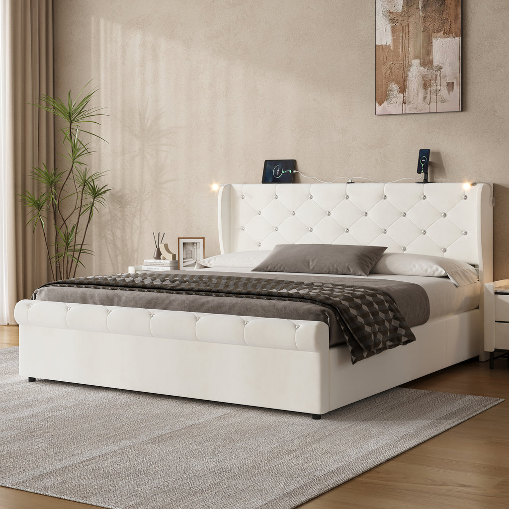 5ft King Upholstered Bed Frame with Hydraulic Storage,  Diamond Tufted Headboard with Charging Station and Reading Light, USB and Type - C Ports, Velvet, Beige (No Mattress)