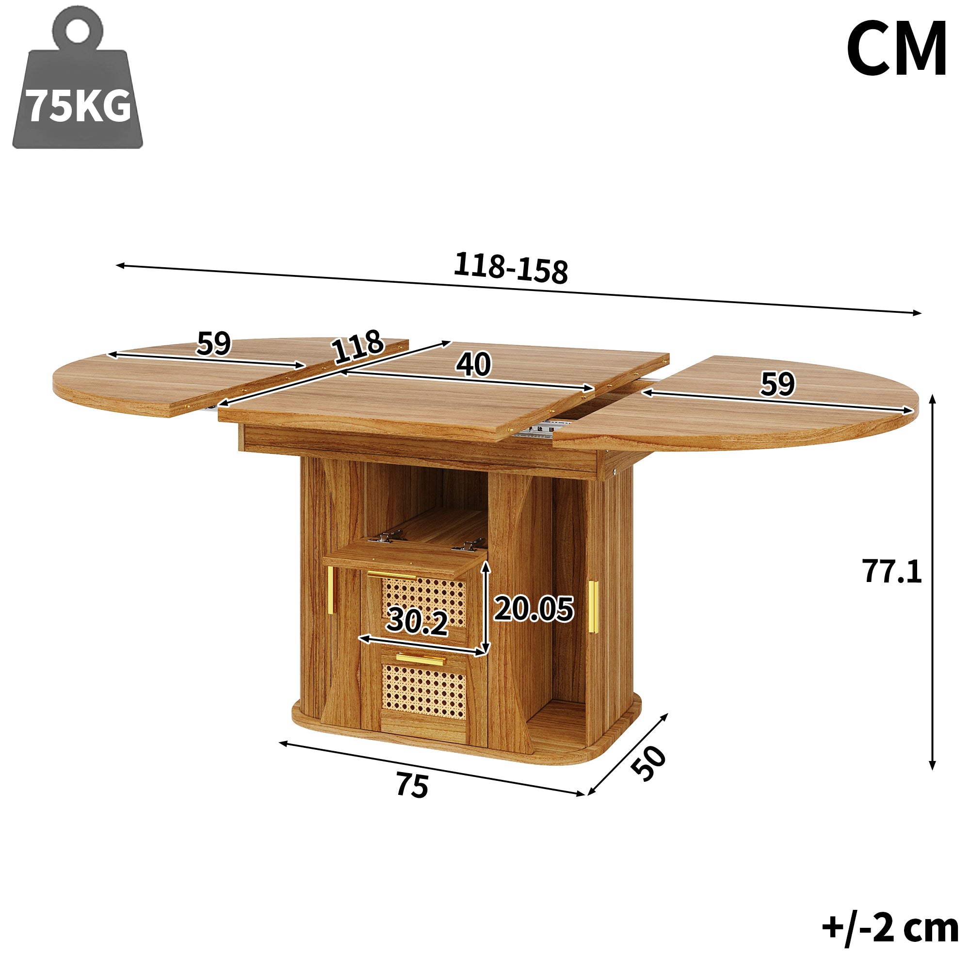 Extendable dining table with storage, 118–158cm table with rattan drawers, MDF wood look, black / natural wood / brown