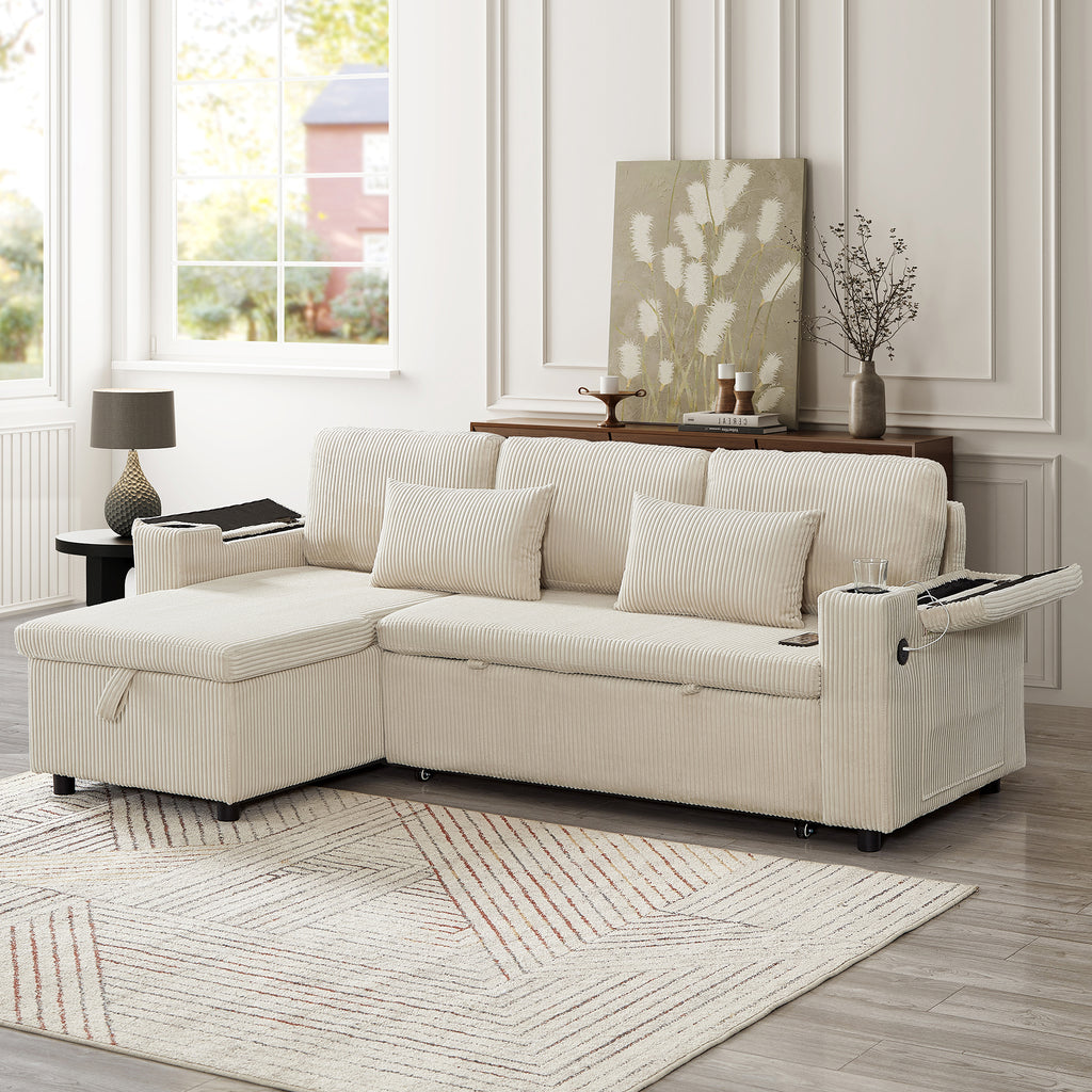 3 in 1 Convertible Corduroy Sofa Bed with Storage Chaise, L Shaped Sleeper Sofa Couches with Armrest Storage and Charging Station. Pullout Sectional Daybed for Living Room/Bedroom/Office, Beige