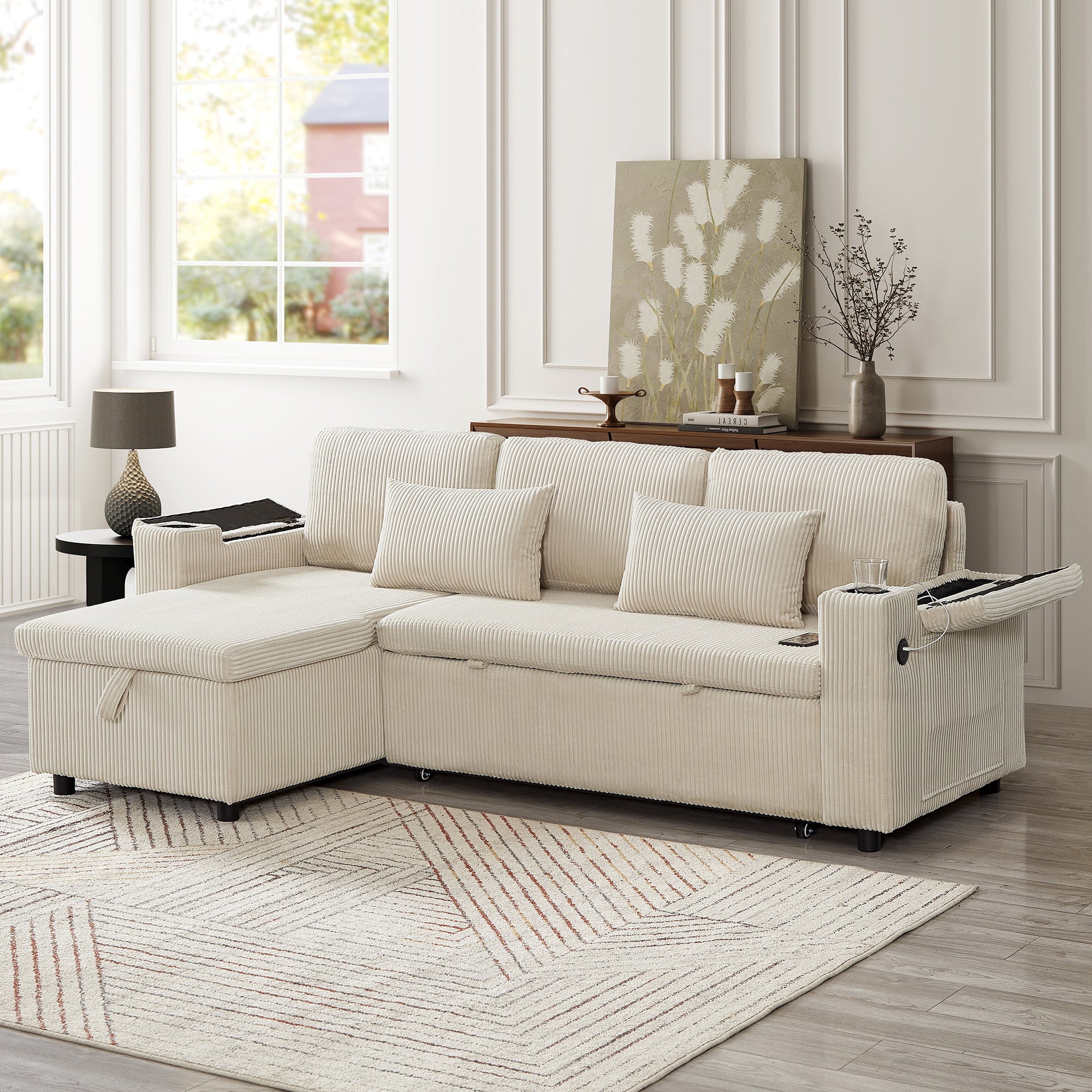 3 in 1 Convertible Corduroy Sofa Bed with Storage Chaise, L Shaped Sleeper Sofa Couches with Armrest Storage and Charging Station. Pullout Sectional Daybed for Living Room/Bedroom/Office, Beige