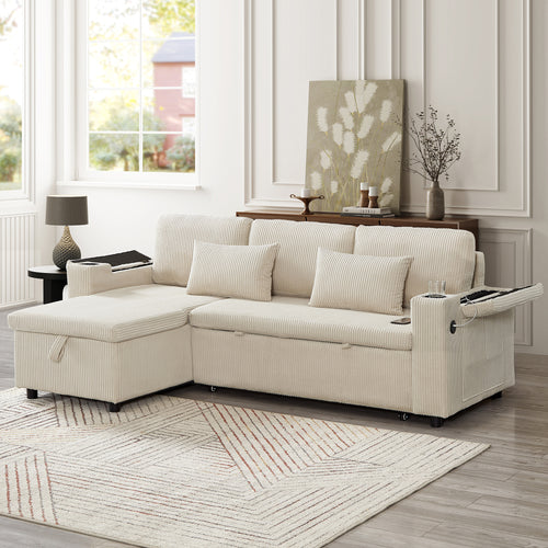 3 in 1 Convertible Corduroy Sofa Bed with Storage Chaise, L Shaped Sleeper Sofa Couches with Armrest Storage and Charging Station. Pullout Sectional Daybed for Living Room/Bedroom/Office, Beige