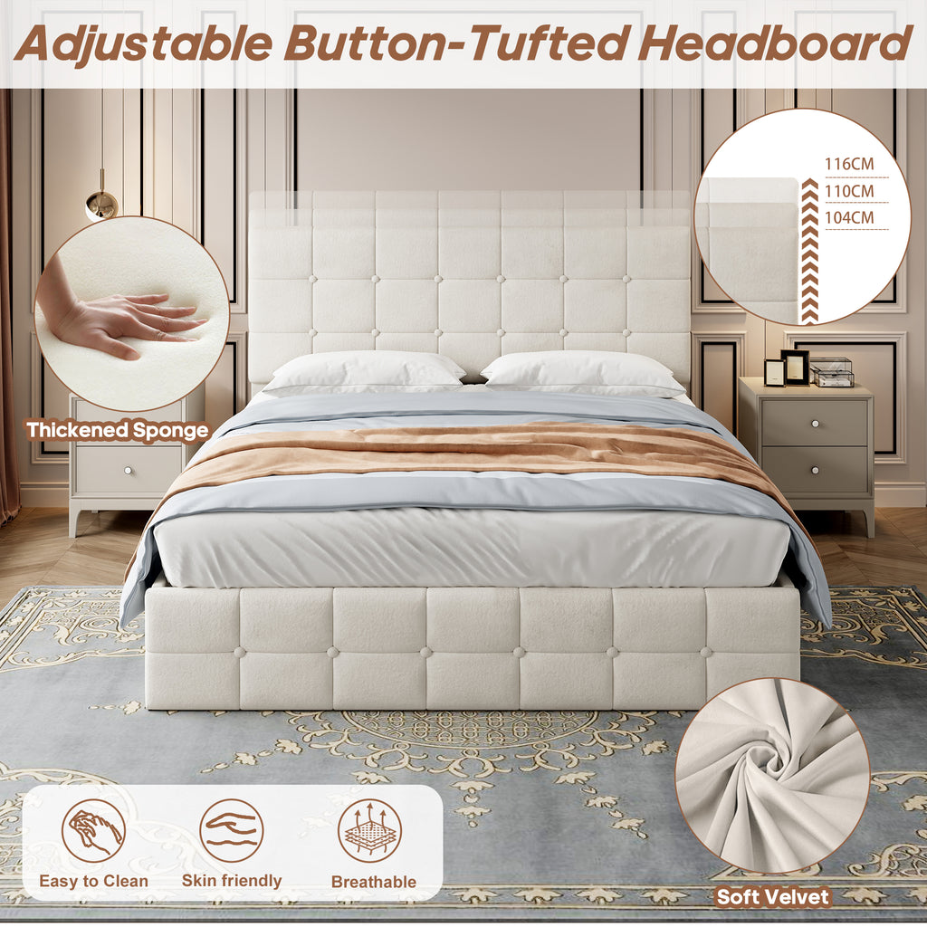 Double Upholstered Storage Bed Frame, Velvet Ottoman Bed with Hydraulic Storage, Double Bed with Adjustable Button Tufted Headboard, Metal-Wood Support, No Mattress, Beige