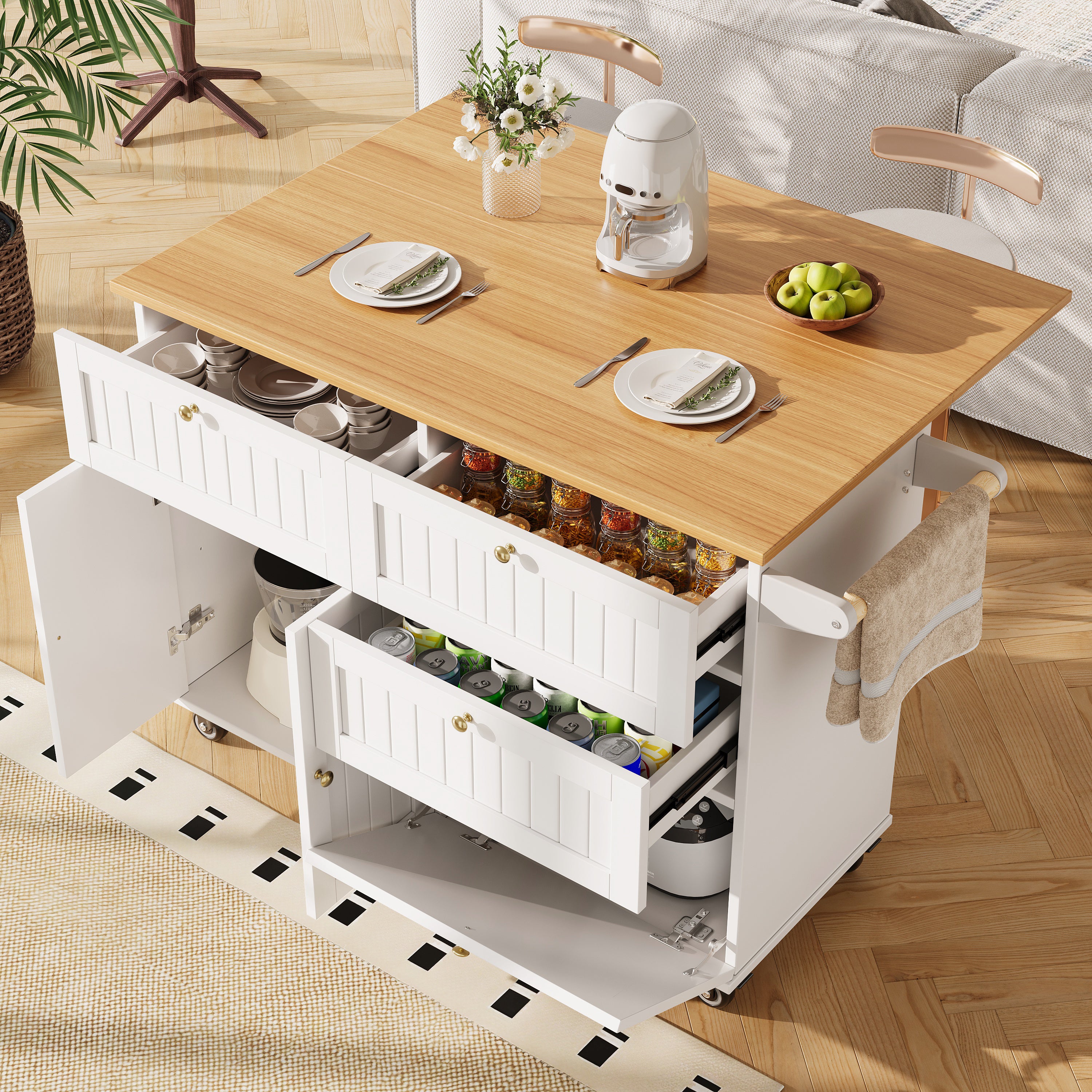 Rolling Mobile Kitchen Island, Table on Wheels with Drawer and Storage Cabinet, Portable Kitchen Island Cart with Drop Leaf, Breakfast Bar, Towel Rack, White