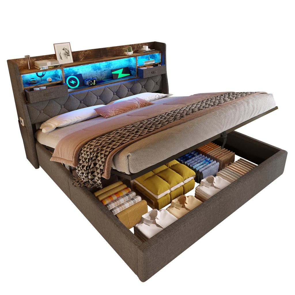 Upholstered Bed 6ft Hydraulic Bed with LED Lighting, USB Type-C Charging, Storage Headboard for Cellphones & Tablets, 180 x 200 cm Super King Bed with Metal Slatted Frame, Linen, Grey (No Mattress)